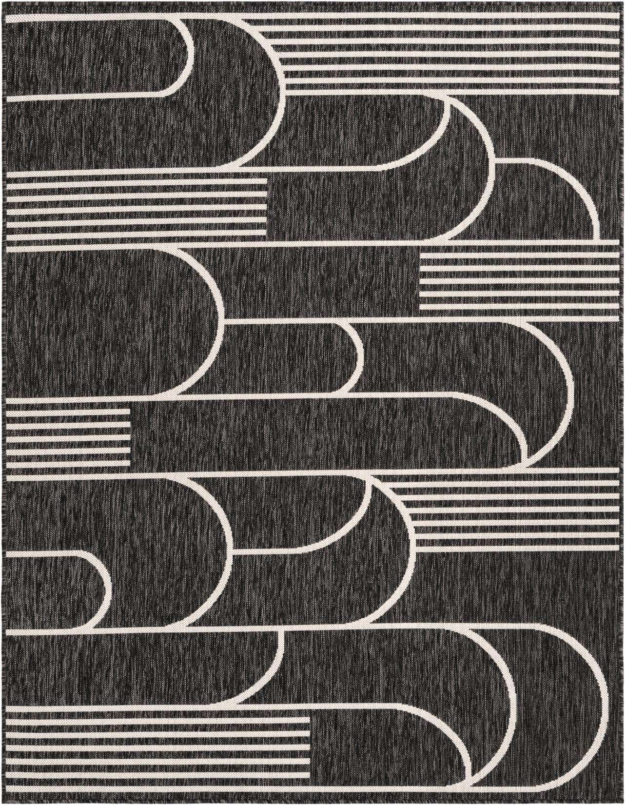 A 5x8 rectangular black and white contemporary rug with a bold geometric stripe pattern, ideal for indoor or outdoor spaces.