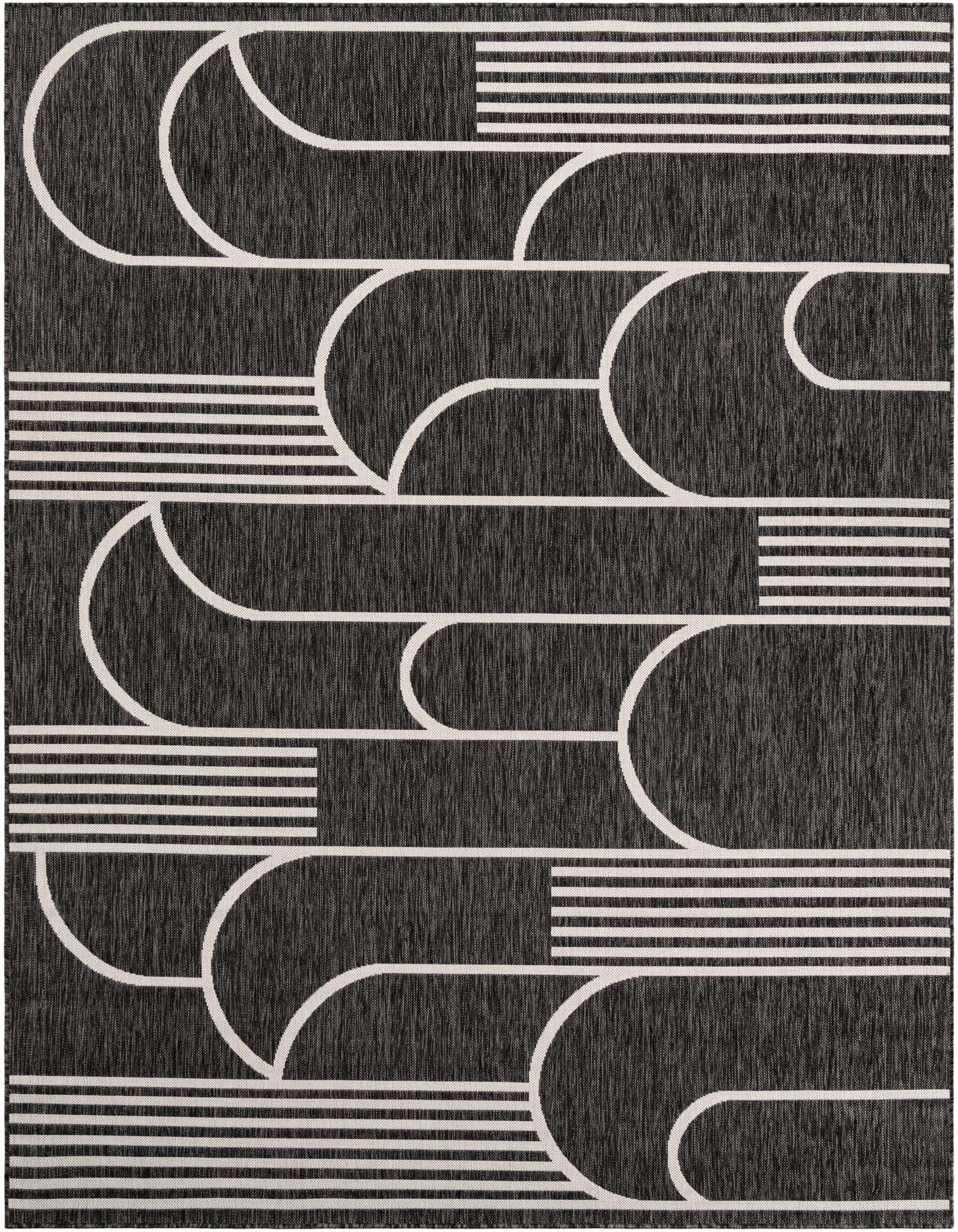 A 7x10 rectangular black and white rug with a modern geometric pattern of curved lines and horizontal stripes, suitable for indoor or outdoor spaces.