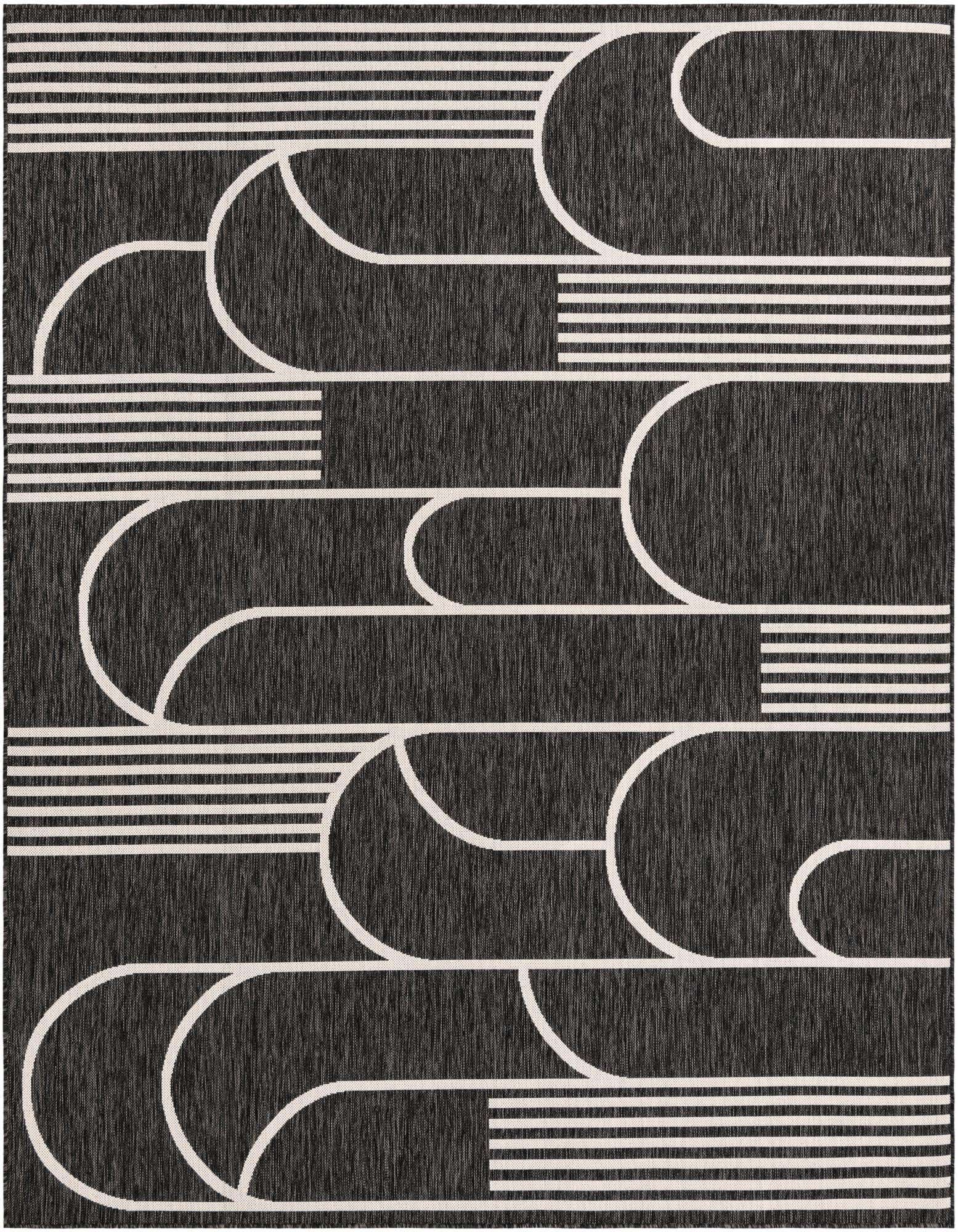 An 8x10 black and white contemporary outdoor rug with a bold geometric pattern of curved and straight lines.