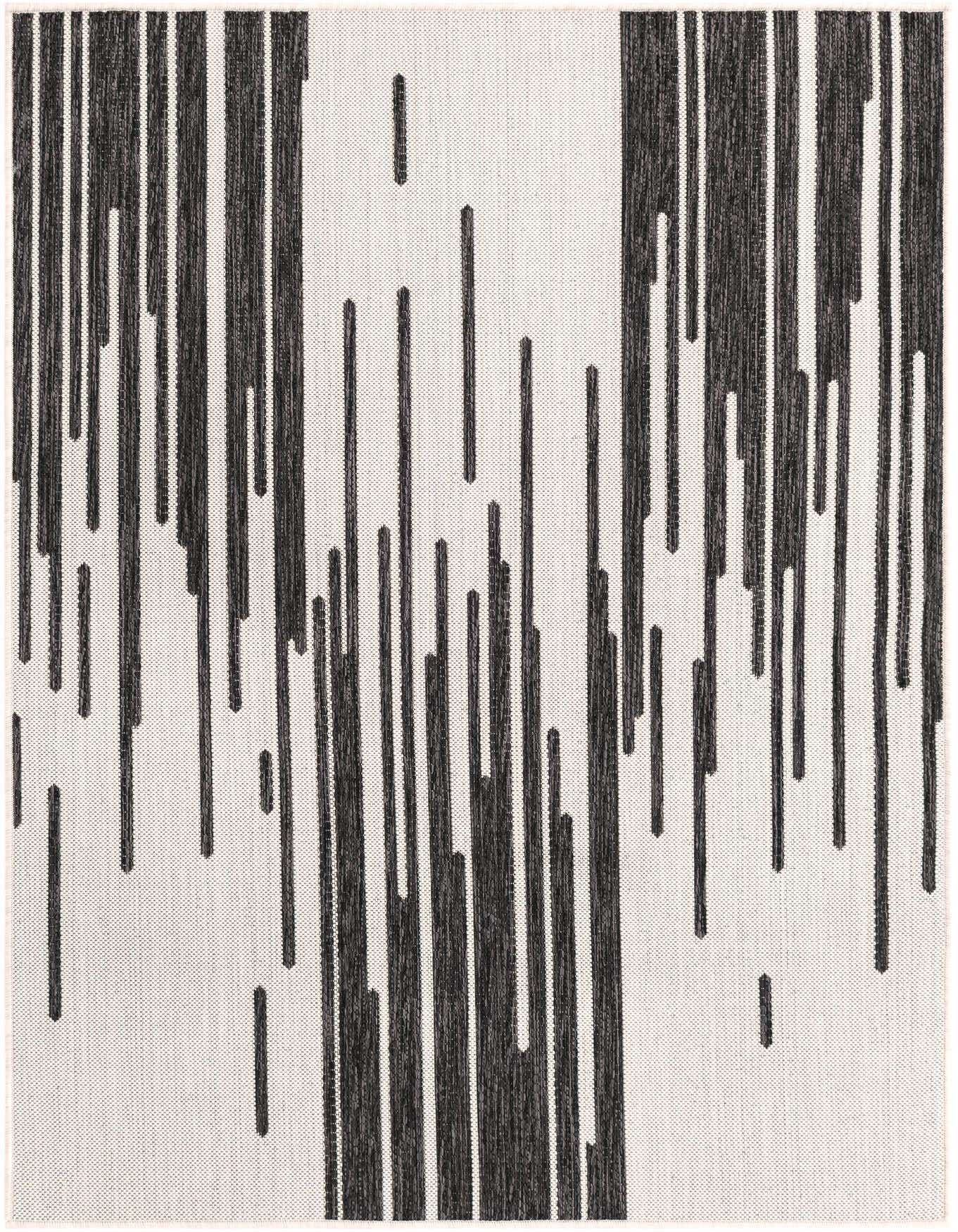 A 4x6 rectangular black and white modern rug with a striped, rain-like pattern, suitable for indoor or outdoor use.
