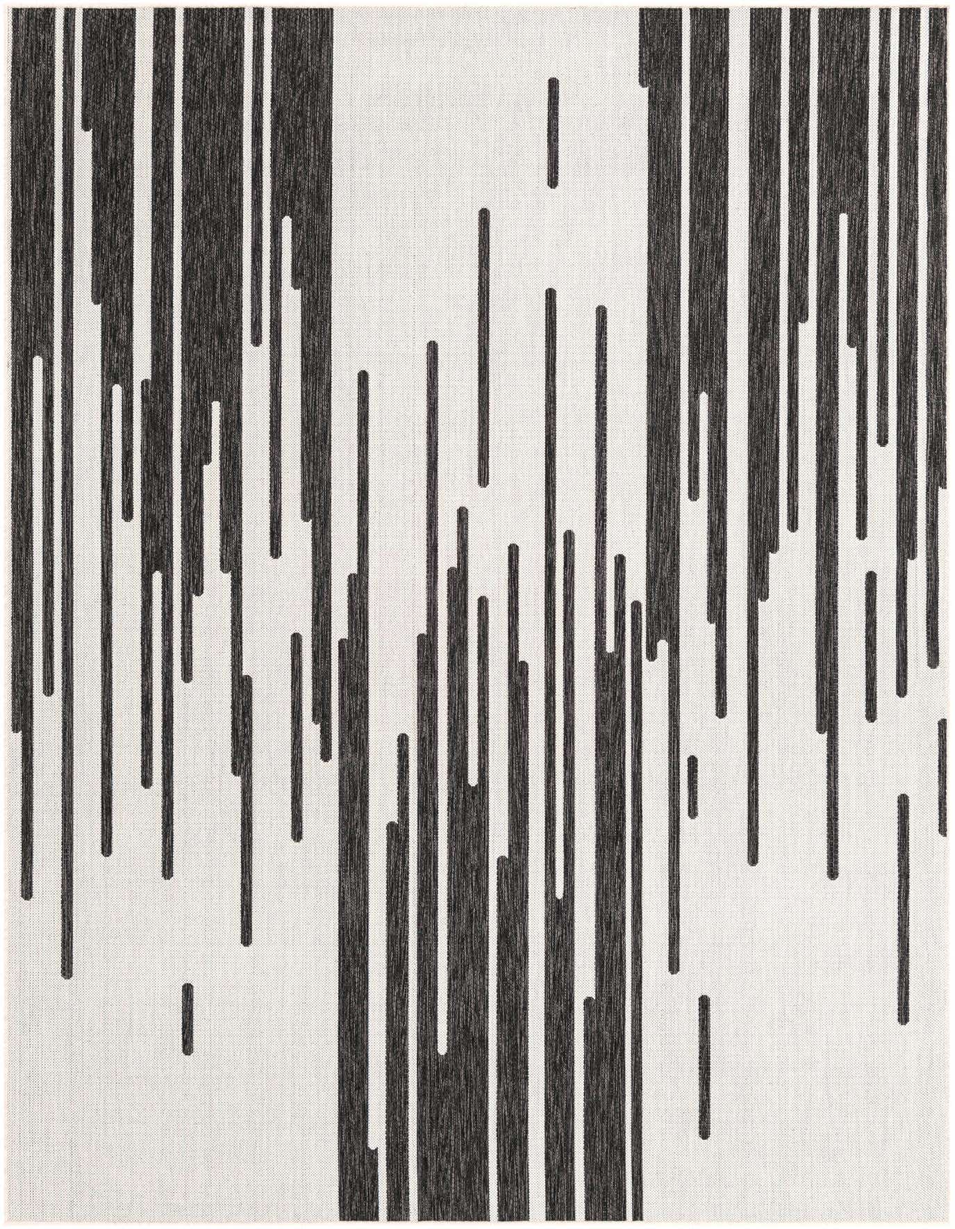 A 7x10 rectangular black and white modern rug with a vertical stripe pattern on a flatweave texture.