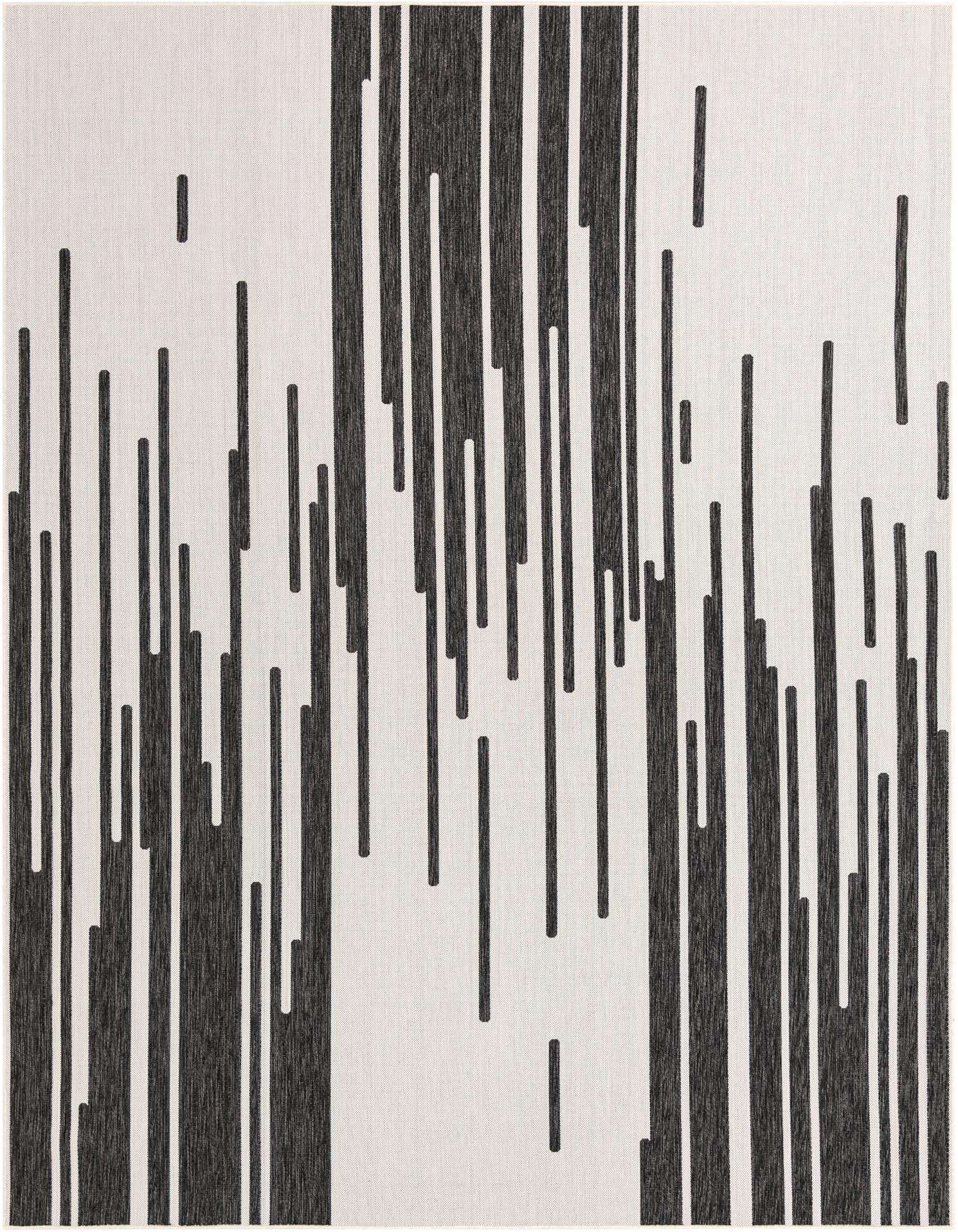 A 9x12 rectangular black and white modern rug with a dynamic vertical stripe pattern, suitable for indoor or outdoor use.