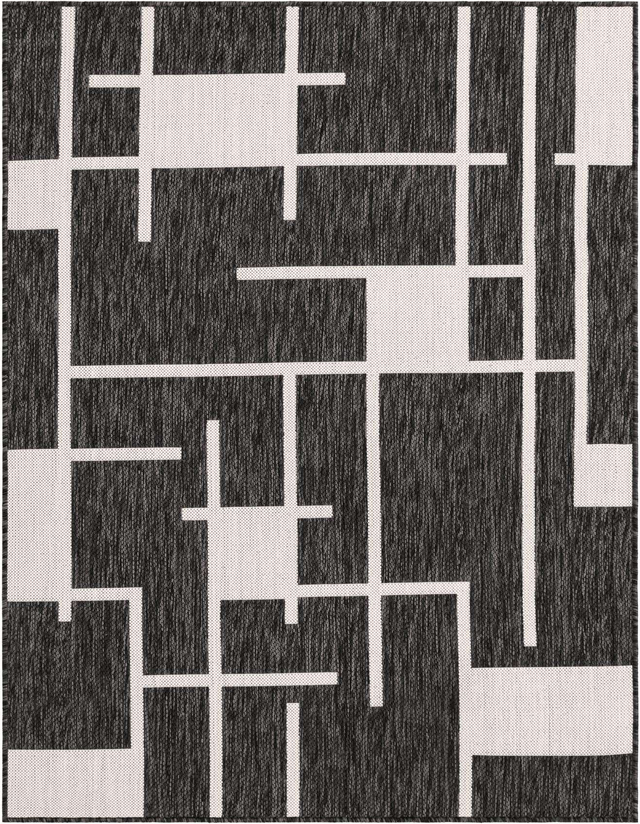 A 4x6 rectangular black and white modern rug with an abstract geometric stripe pattern, suitable for indoor or outdoor use.
