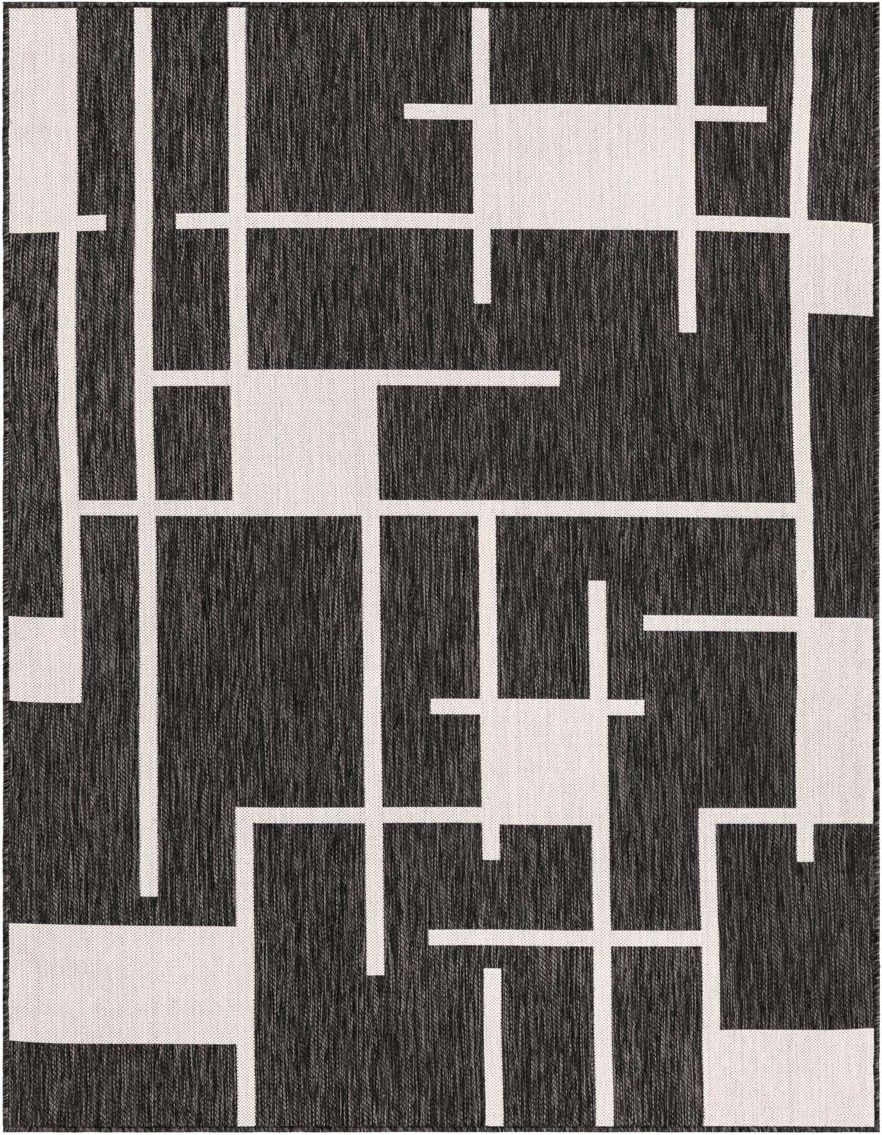 A 5x8 rectangular black and white modern rug with an abstract geometric stripe pattern, suitable for indoor or outdoor spaces.
