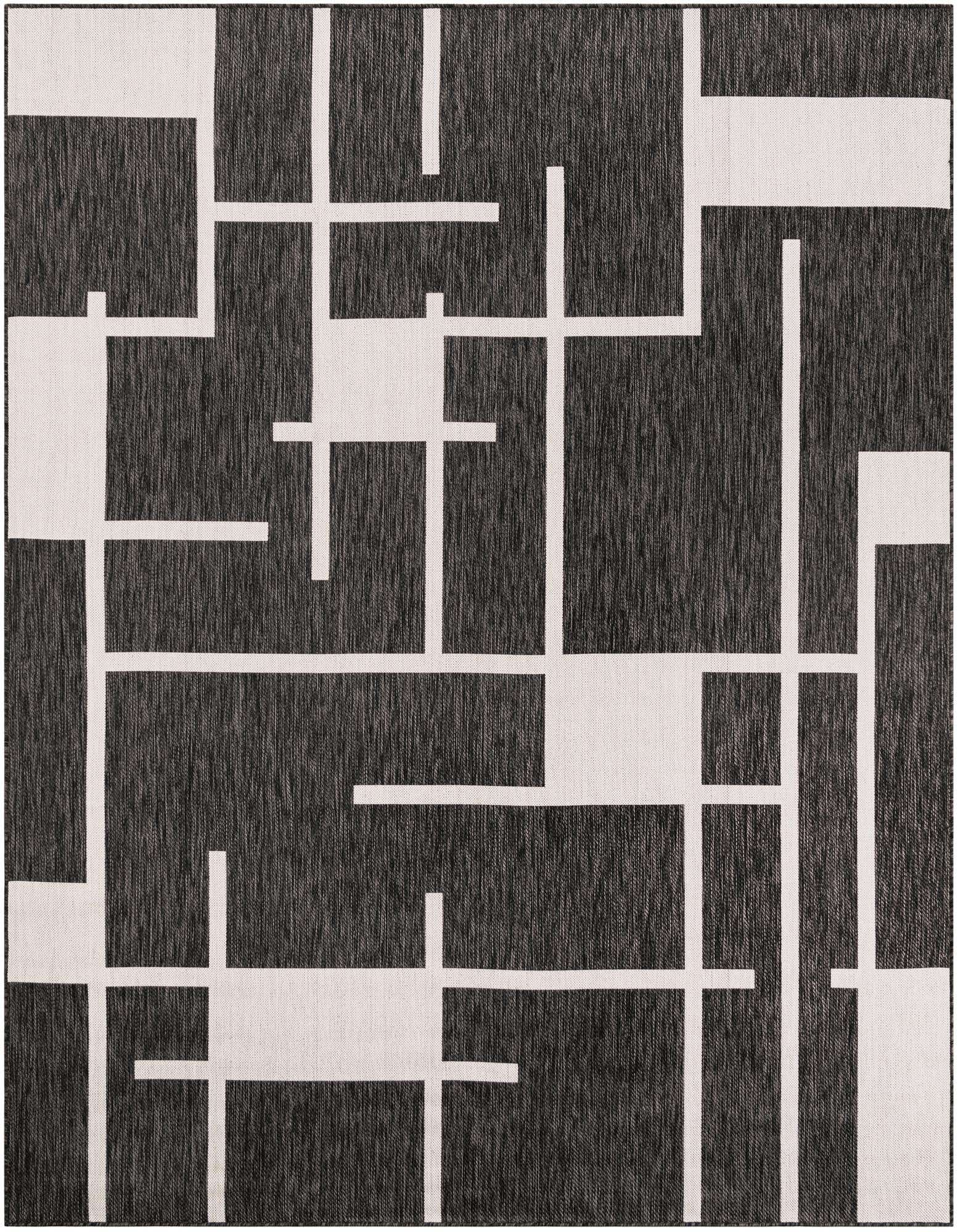 A rectangular 8x10 black and white contemporary rug with a geometric grid pattern, suitable for indoor or outdoor use.
