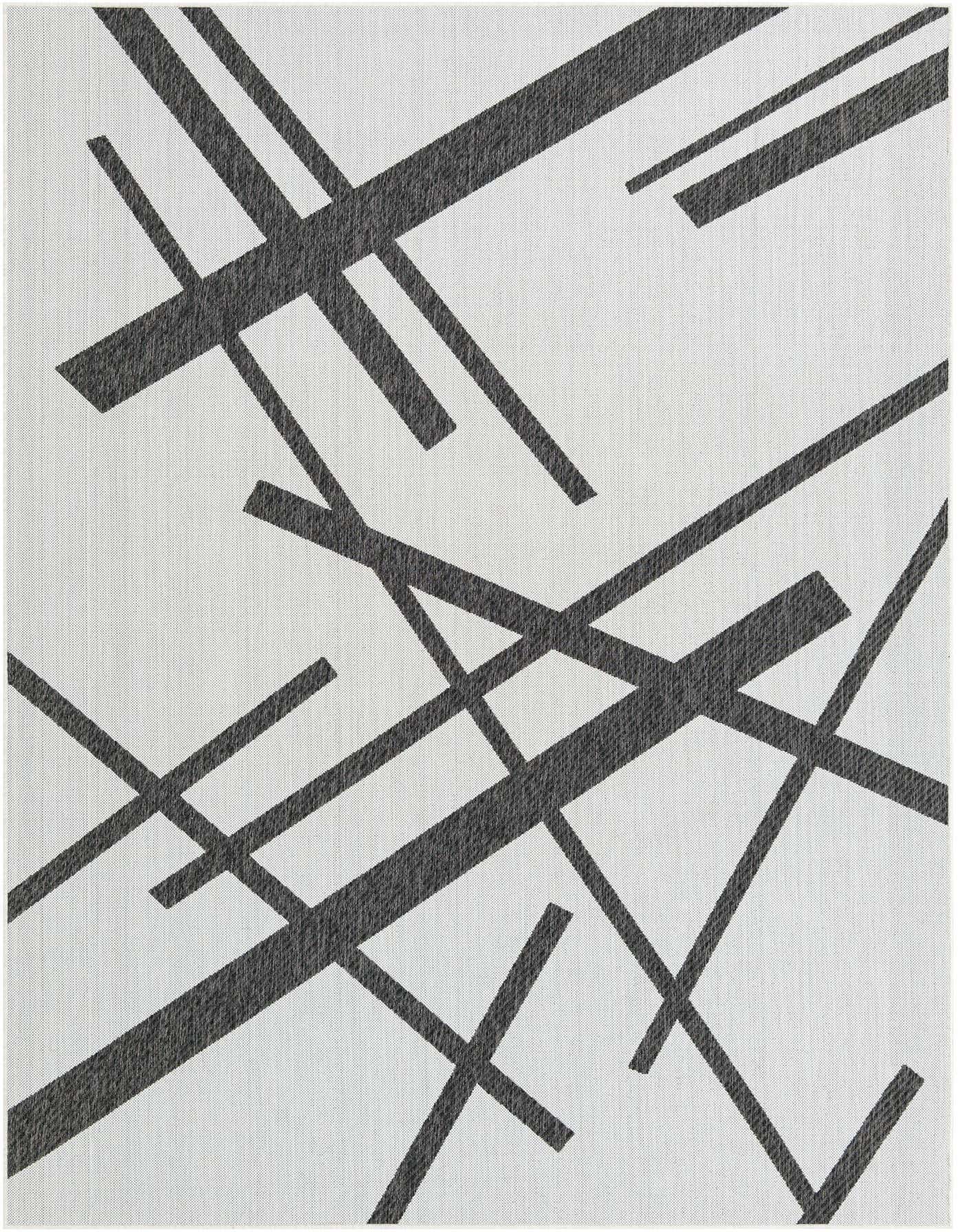 A 7x10 rectangular black and white rug featuring a modern abstract pattern of intersecting dark lines on a light background.