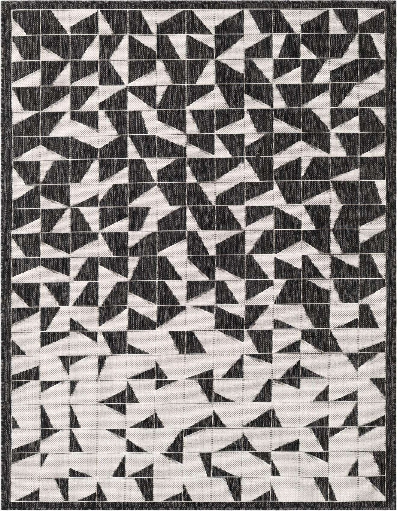A 4x6 rectangular black and white modern geometric rug with an abstract pattern of triangles and squares, suitable for indoor or outdoor use.