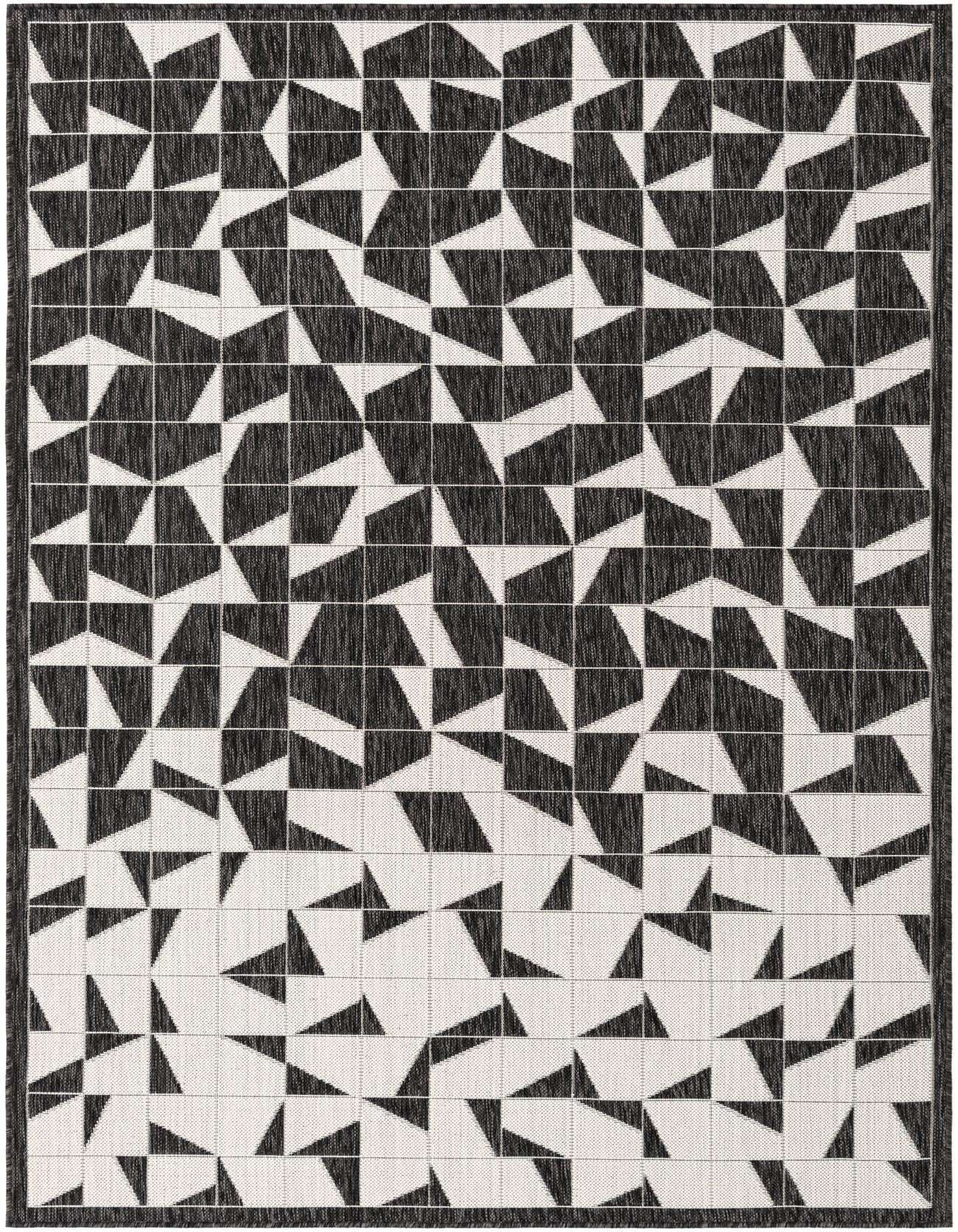 A 5x8 rectangular black and white modern rug with an abstract geometric pattern, suitable for indoor or outdoor use.