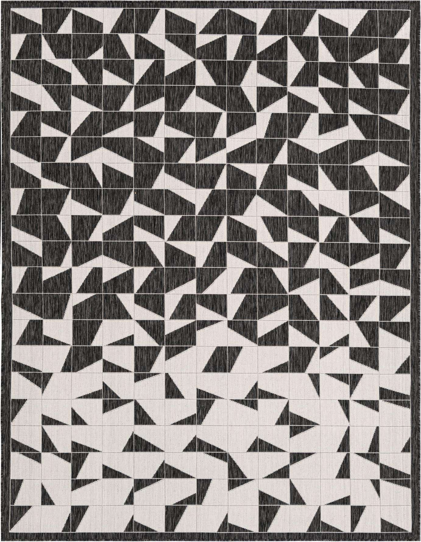A 7x10 rectangular black and white modern flatweave rug with an abstract geometric pattern, suitable for indoor or outdoor spaces.