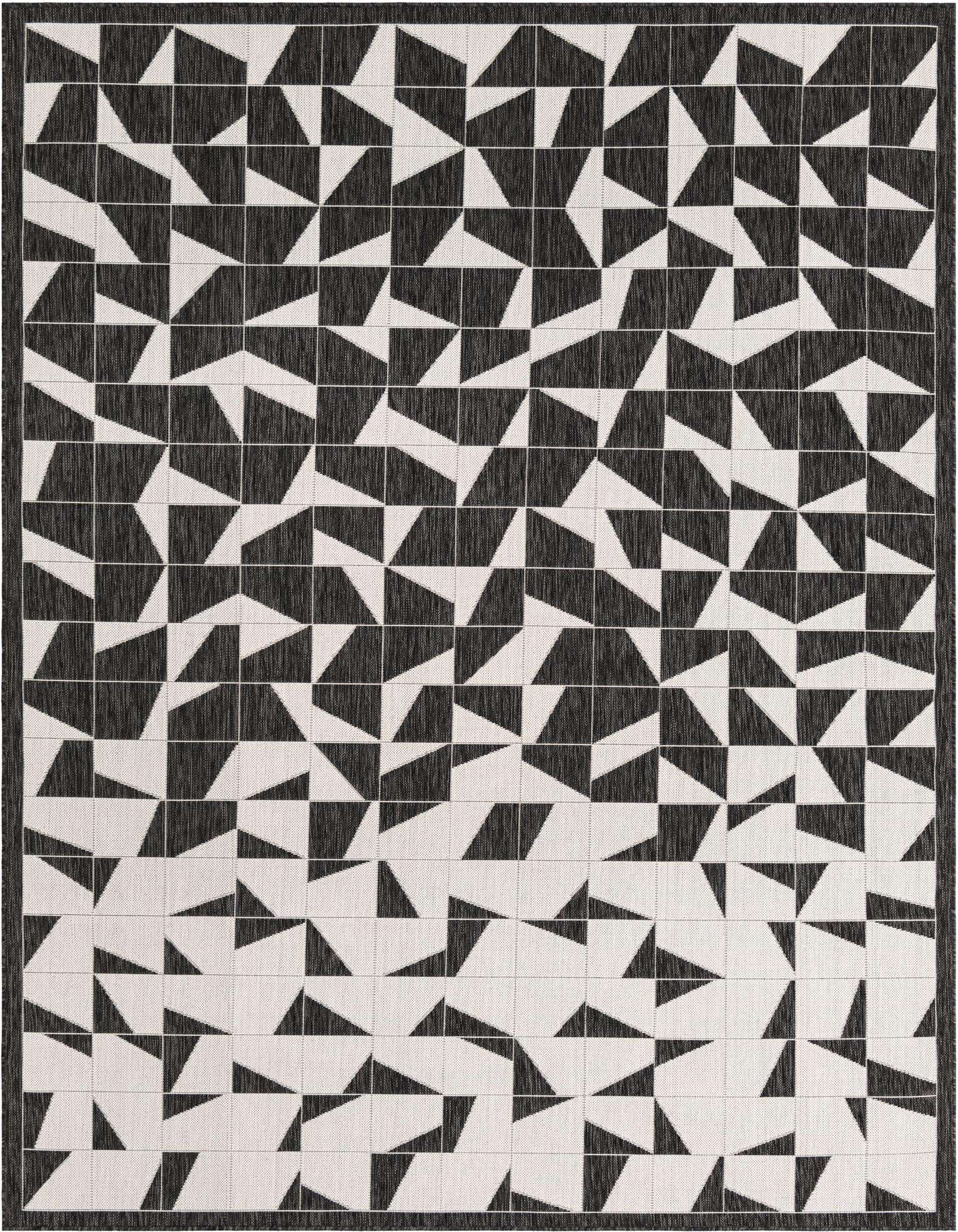 An 8x10 rectangular black and white modern rug with an abstract geometric pattern of interlocking triangles, suitable for indoor or outdoor use.