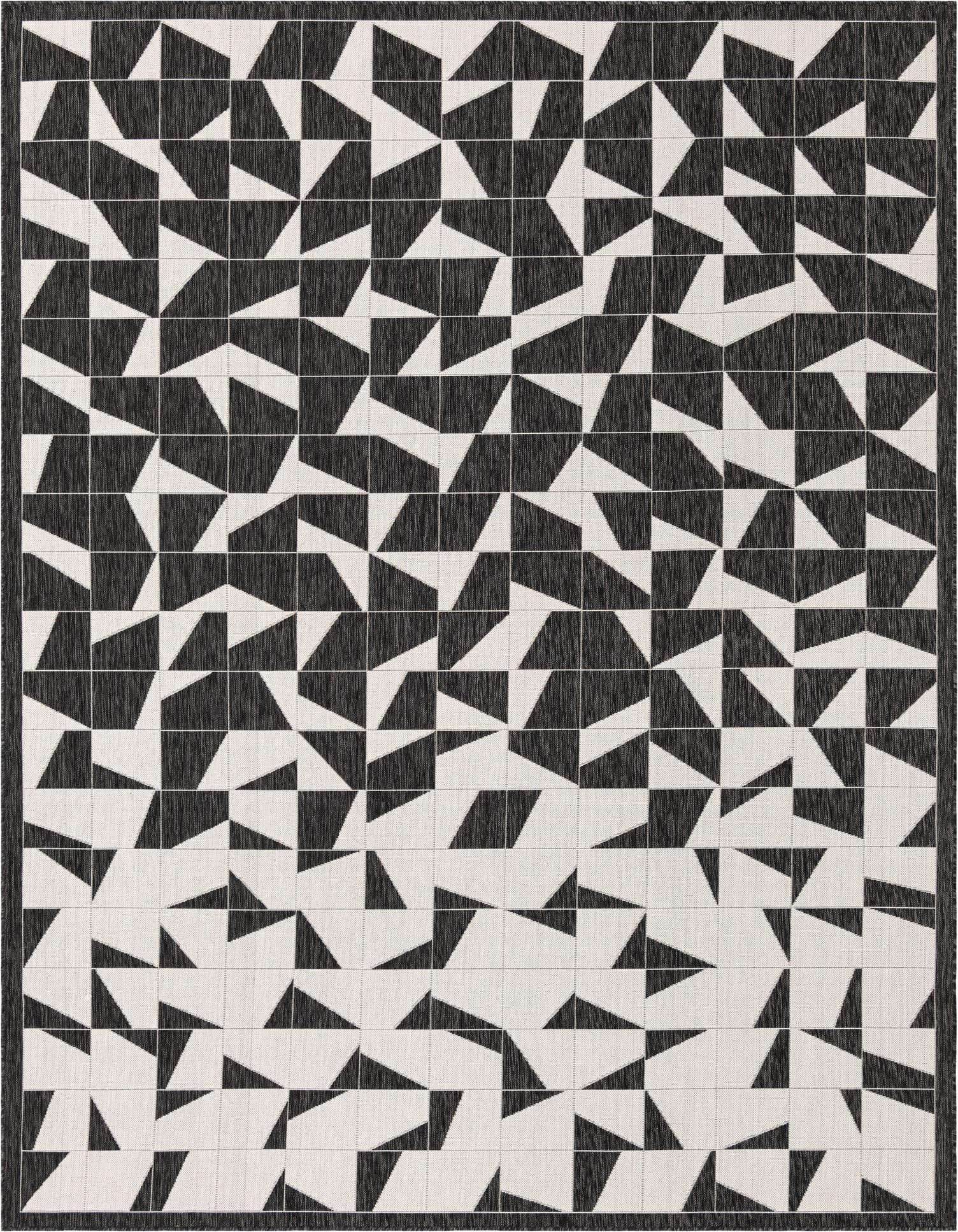 A 9x12 rectangular black and white modern rug with an abstract geometric pattern, suitable for indoor or outdoor use.