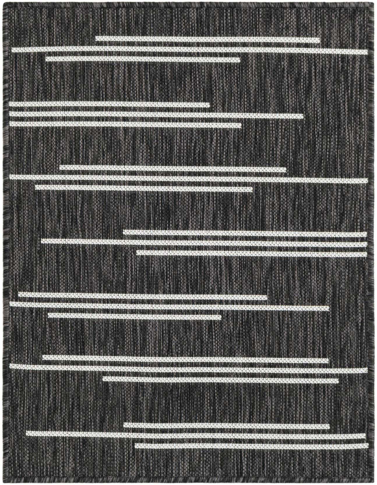 A 2x3 rectangular black and white flatweave rug with a modern horizontal stripe pattern, suitable for indoor or outdoor use.