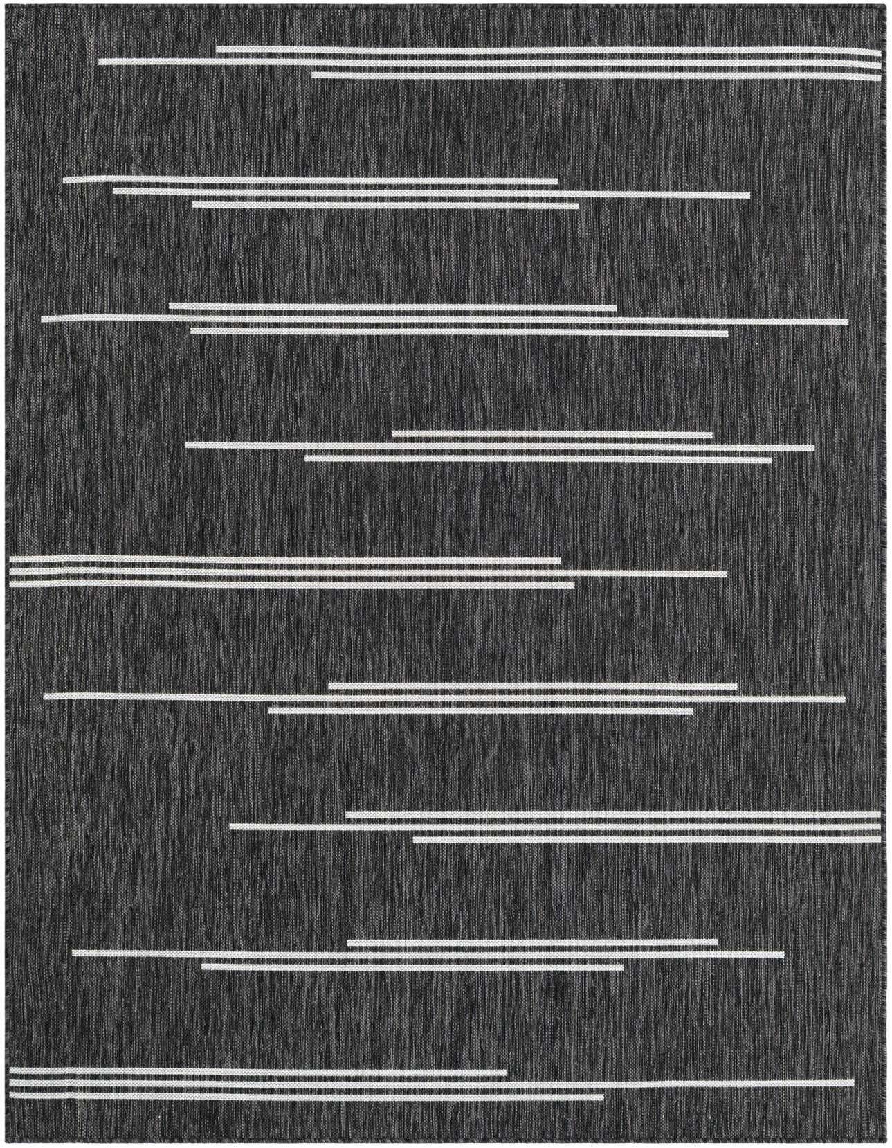 A 5x8 rectangular black and white flatweave rug with a modern horizontal stripe pattern, suitable for indoor or outdoor use.