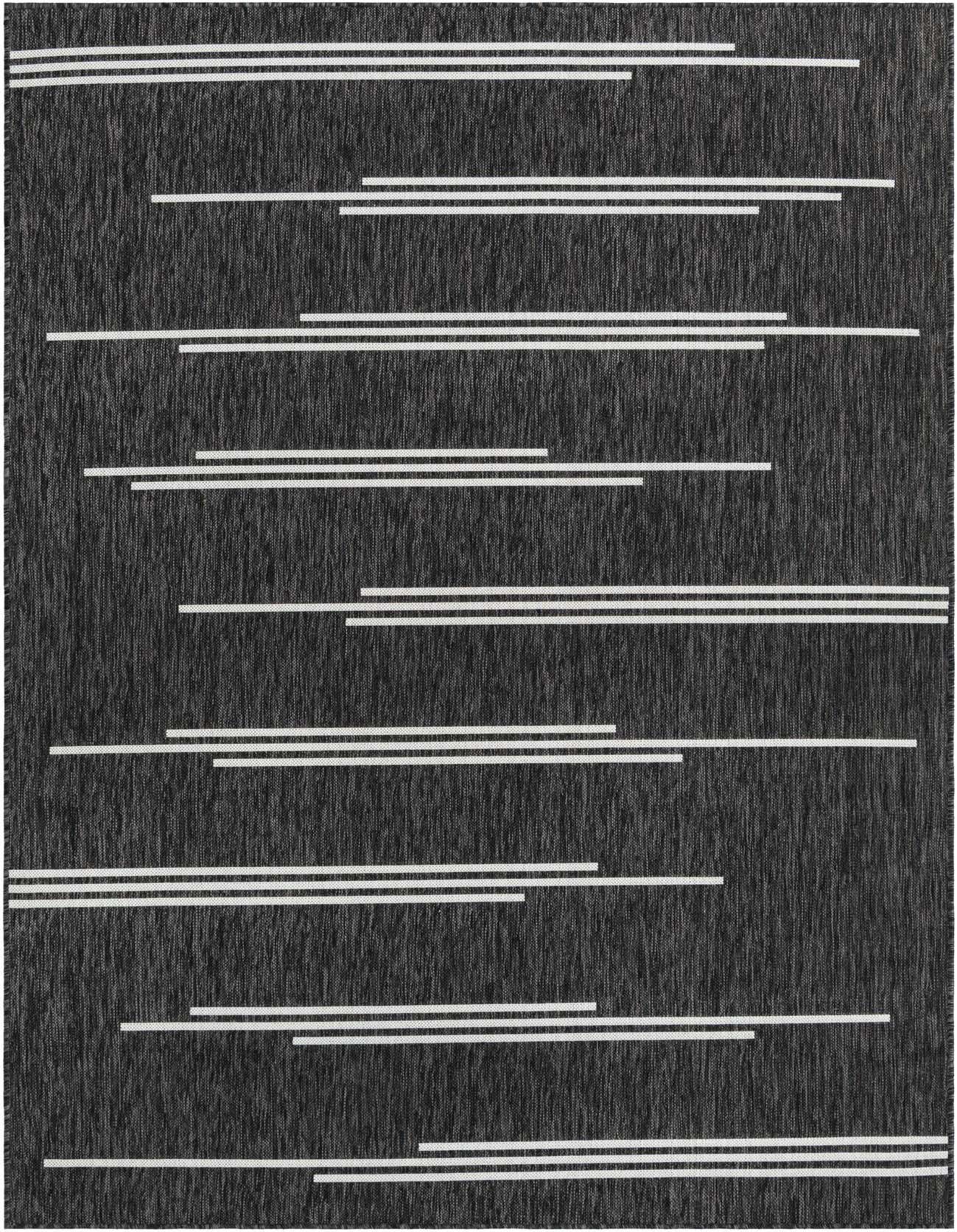 A 6x9 rectangular black indoor/outdoor rug with a modern minimalist design of horizontal white stripes.