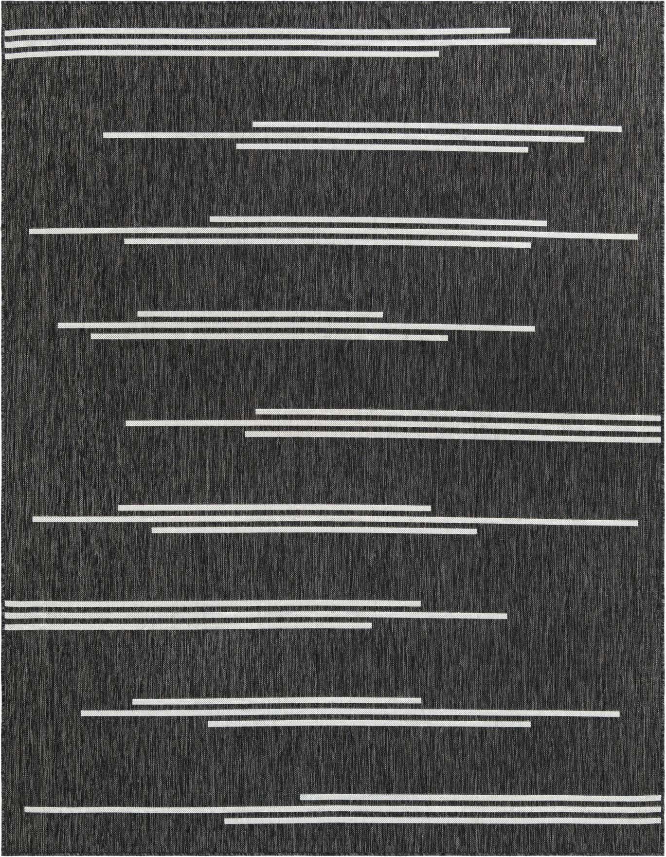 A 7x10 rectangular black and white contemporary rug with a minimalist stripe pattern, suitable for indoor or outdoor spaces.