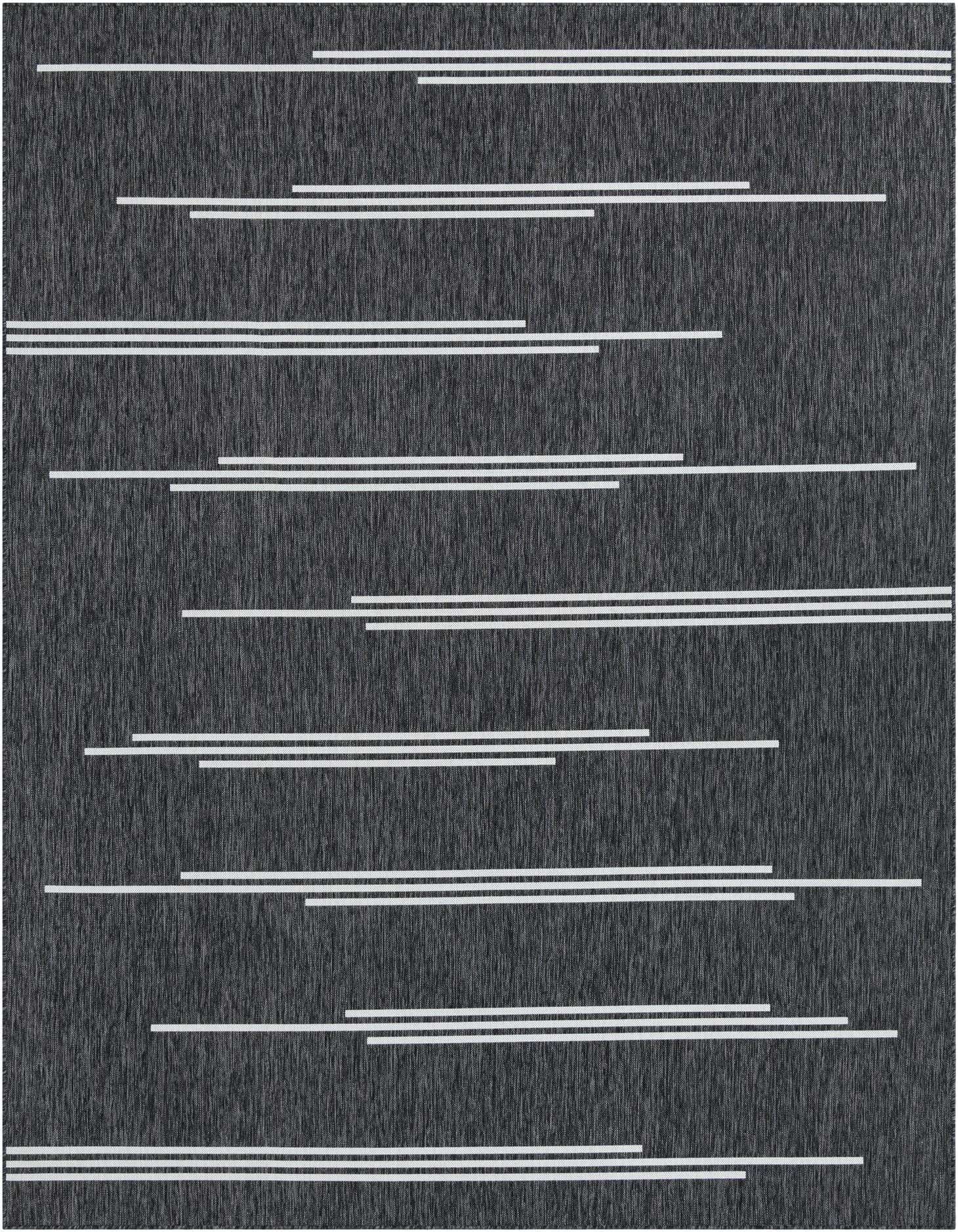 A 9x12 rectangular black and white contemporary rug with a minimalist stripe pattern, suitable for indoor or outdoor use.