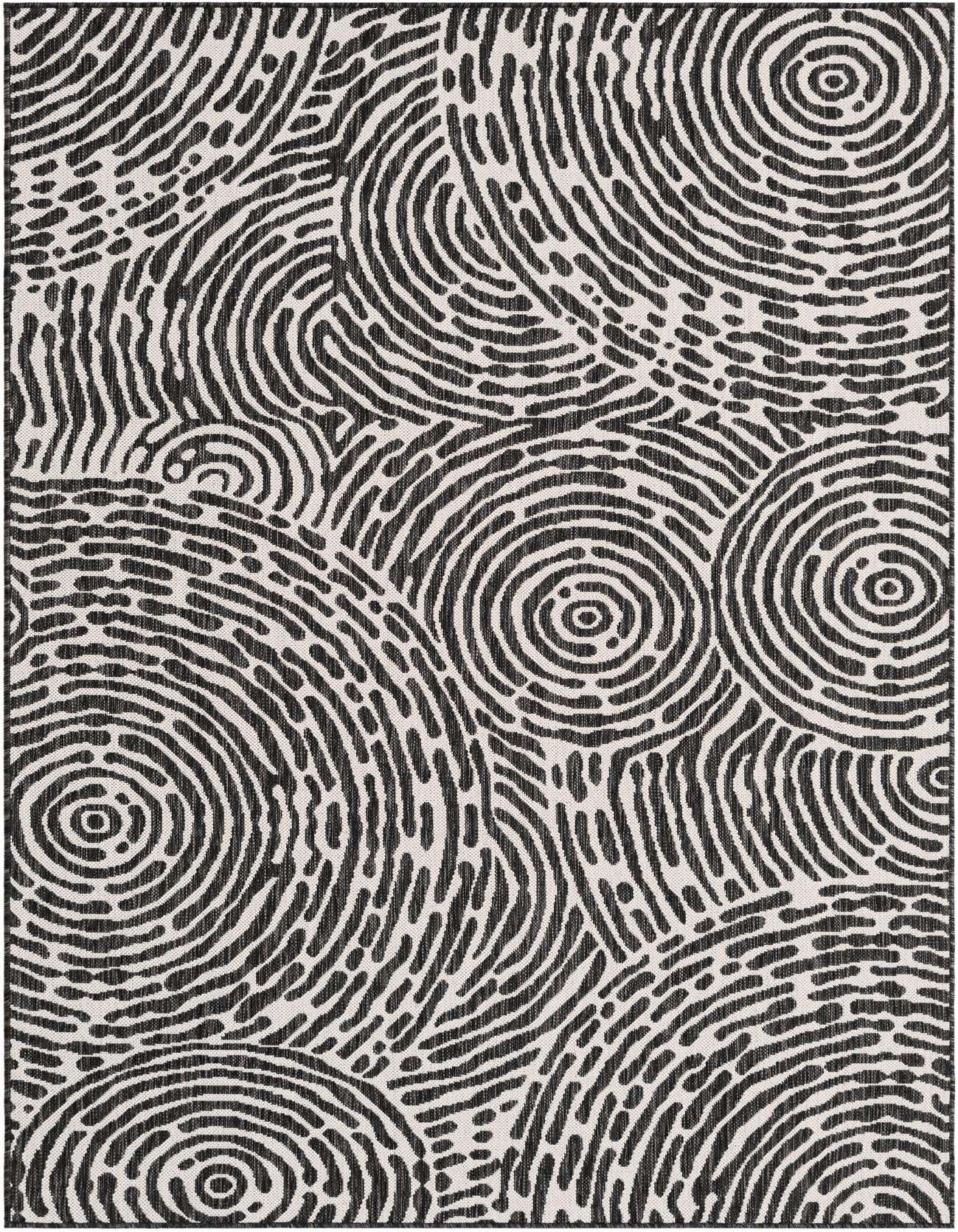 A 5x8 rectangular black and white modern abstract rug with a fingerprint-like pattern, suitable for indoor or outdoor use.