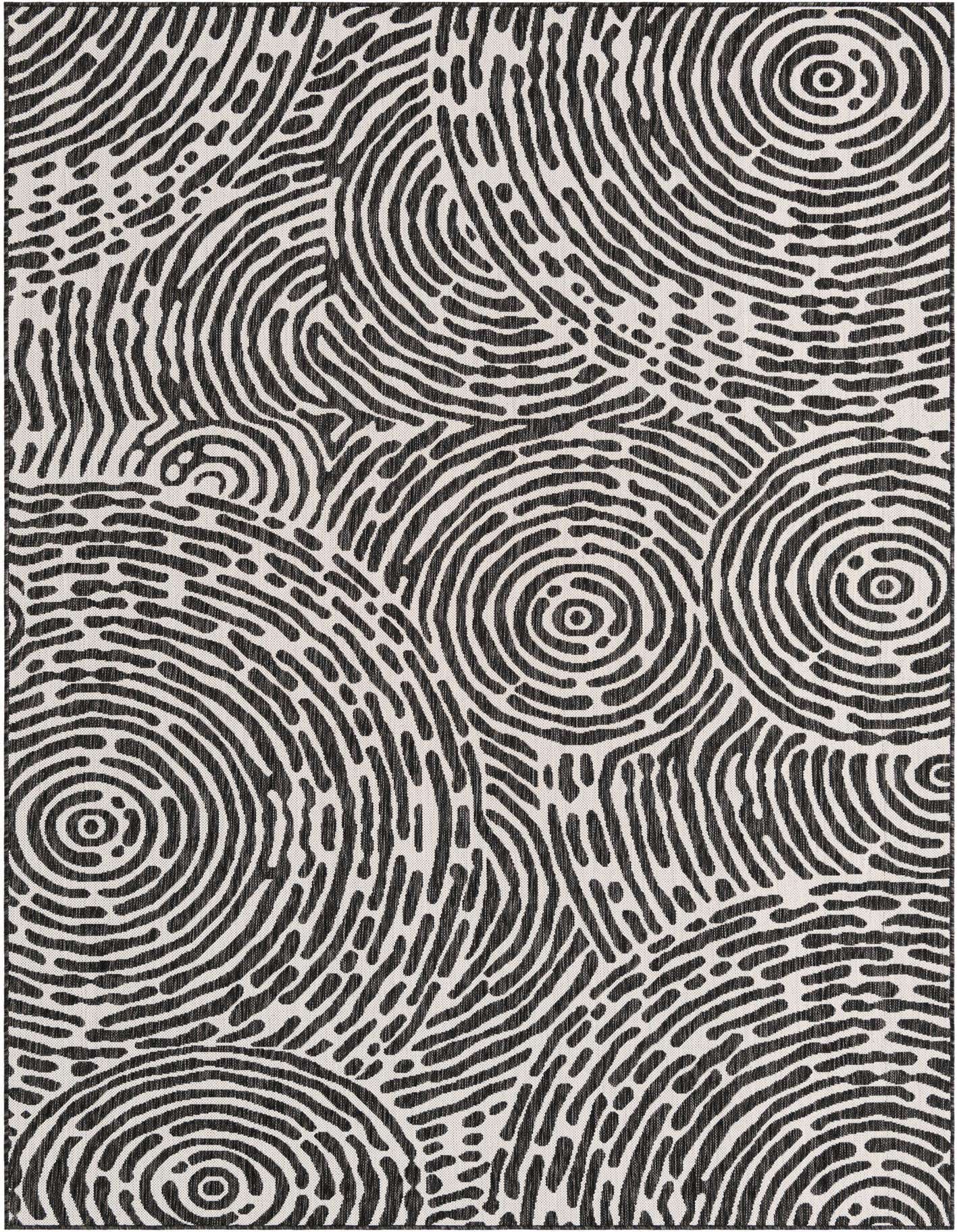 A 7x10 rectangular black and white modern abstract rug with a fingerprint-like pattern, suitable for indoor or outdoor use.