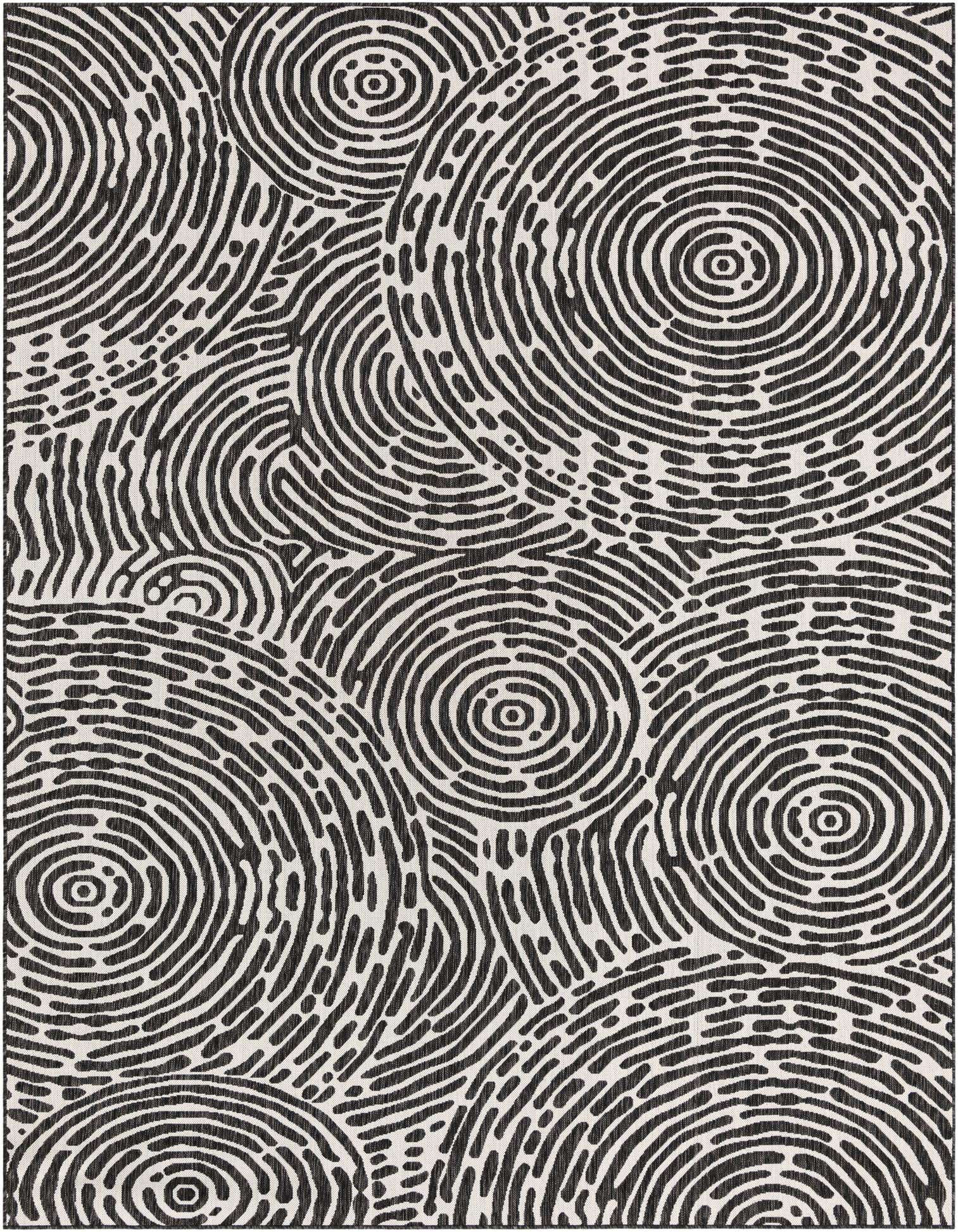 A 9x12 rectangular black and white modern abstract rug with a fingerprint-like circular pattern, suitable for indoor or outdoor use.