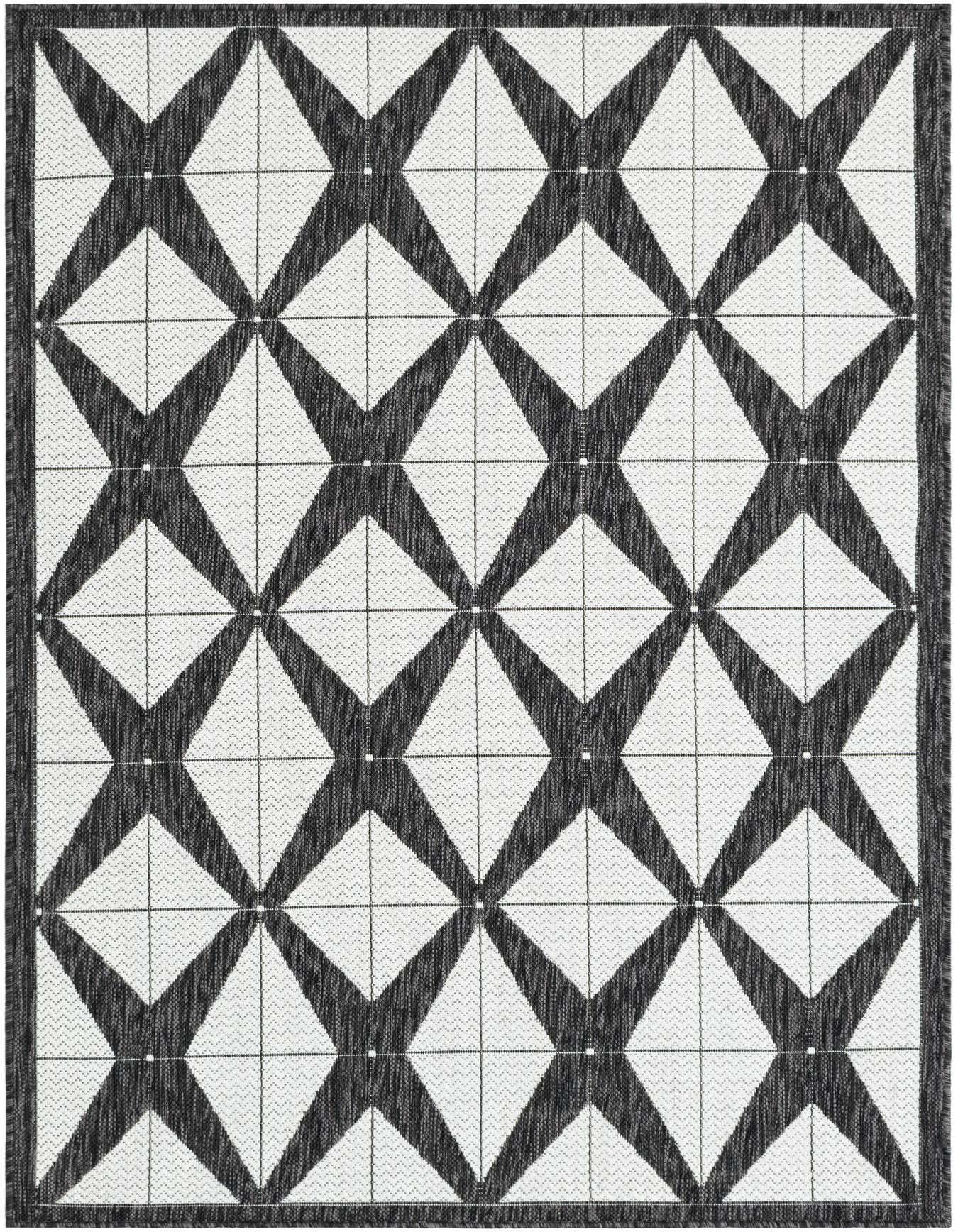 A 4x6 rectangular black and white modern geometric rug with a bold crisscross pattern, suitable for indoor or outdoor use.