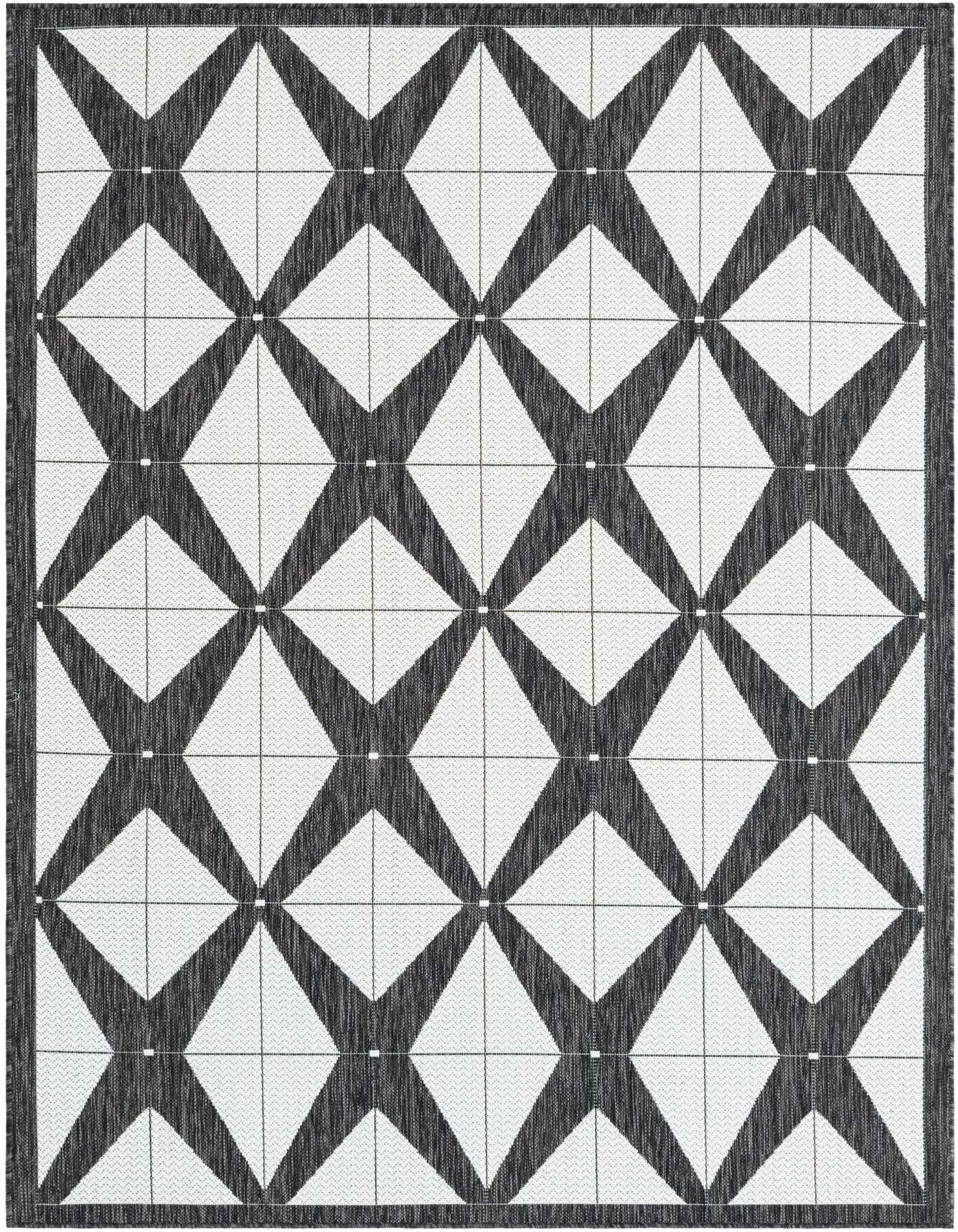 A 5x8 rectangular black and white modern geometric rug with a bold criss-cross pattern, suitable for indoor or outdoor use.
