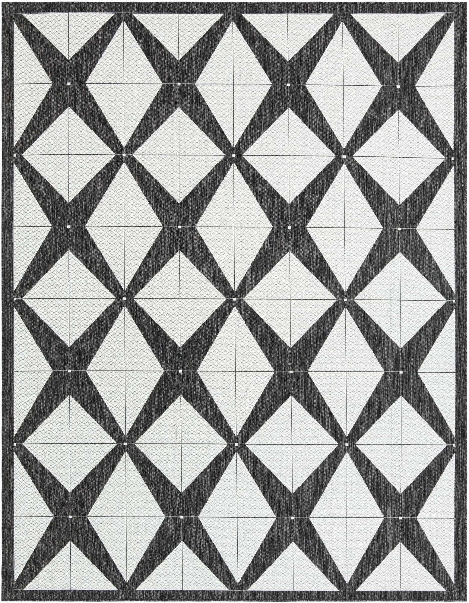A rectangular 8x10 black and white modern flatweave rug with a bold geometric criss-cross pattern, suitable for indoor or outdoor use.