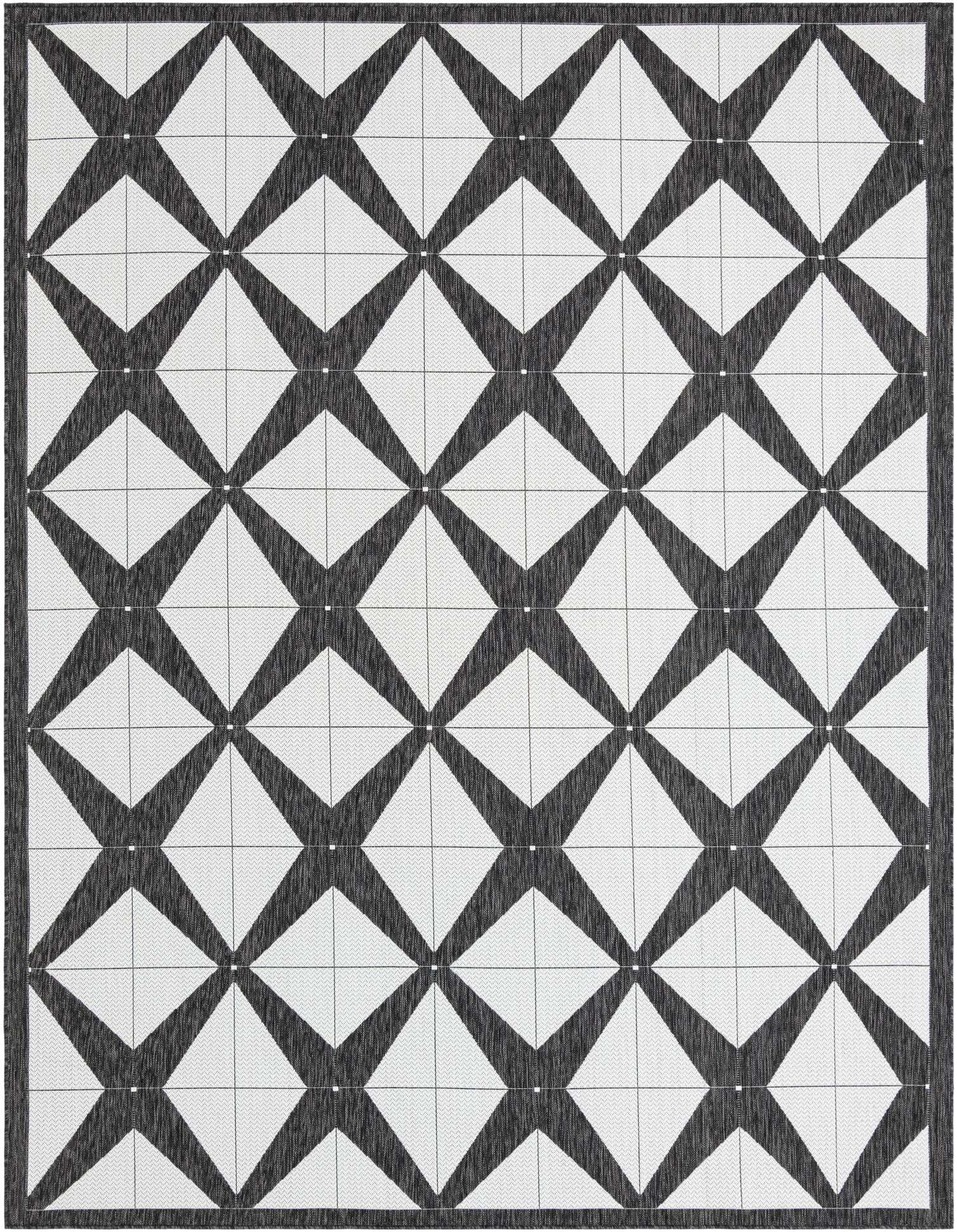A 9x12 rectangular black and white modern flatweave rug with a bold geometric diamond pattern, suitable for indoor or outdoor spaces.