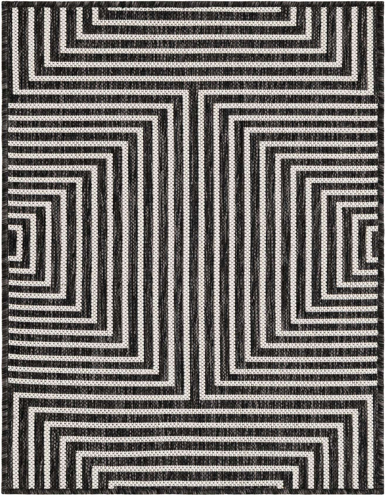 A 2x3 rectangular black and white flatweave rug with a bold contemporary geometric stripe pattern, suitable for indoor or outdoor use.