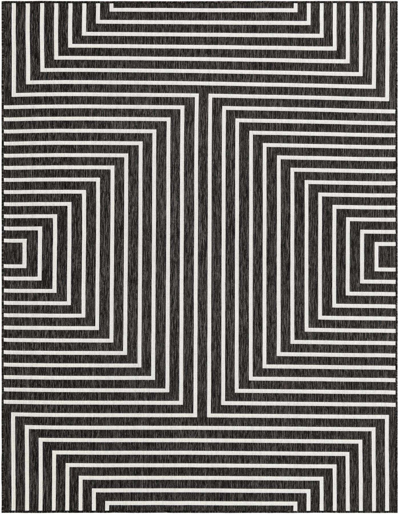 A 7x10 rectangular black and white contemporary rug with a bold geometric striped pattern, suitable for indoor or outdoor use.