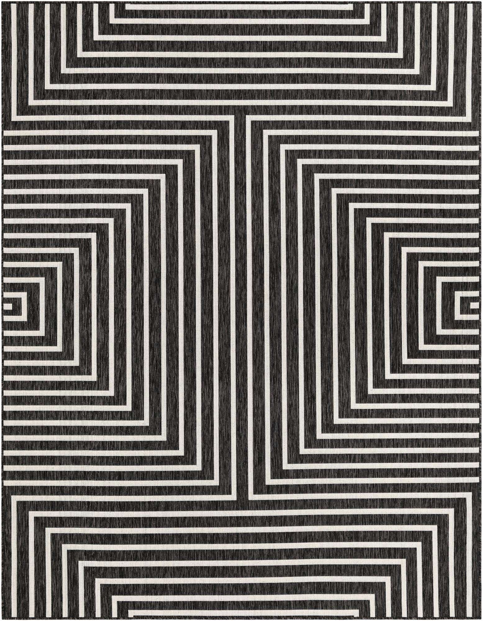 A black and white 8x10 rectangular rug featuring a bold, contemporary geometric stripe pattern, ideal for indoor or outdoor spaces.