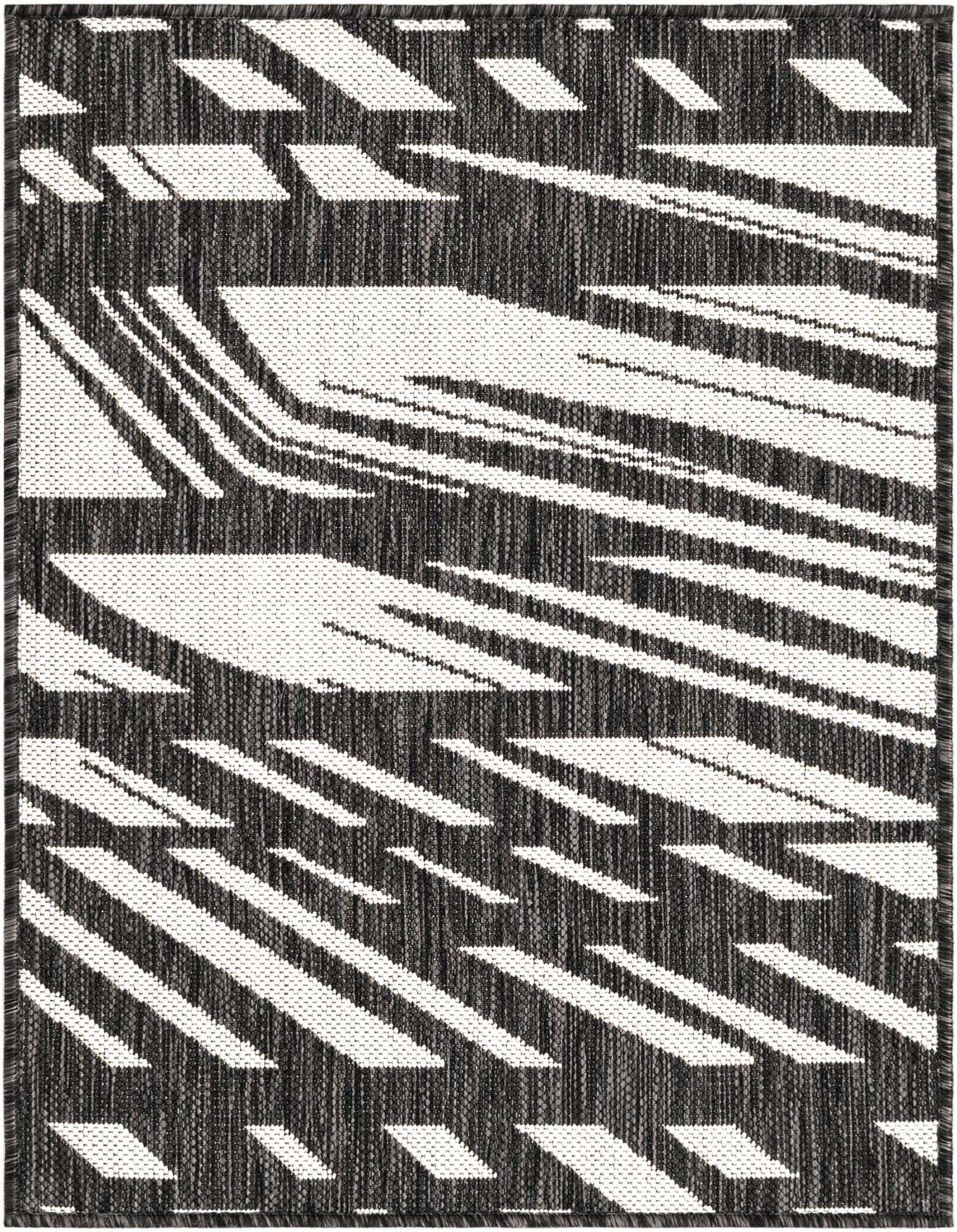 A 2x3 rectangular black and white modern flatweave rug with a dynamic, abstract striped pattern, suitable for indoor or outdoor use.