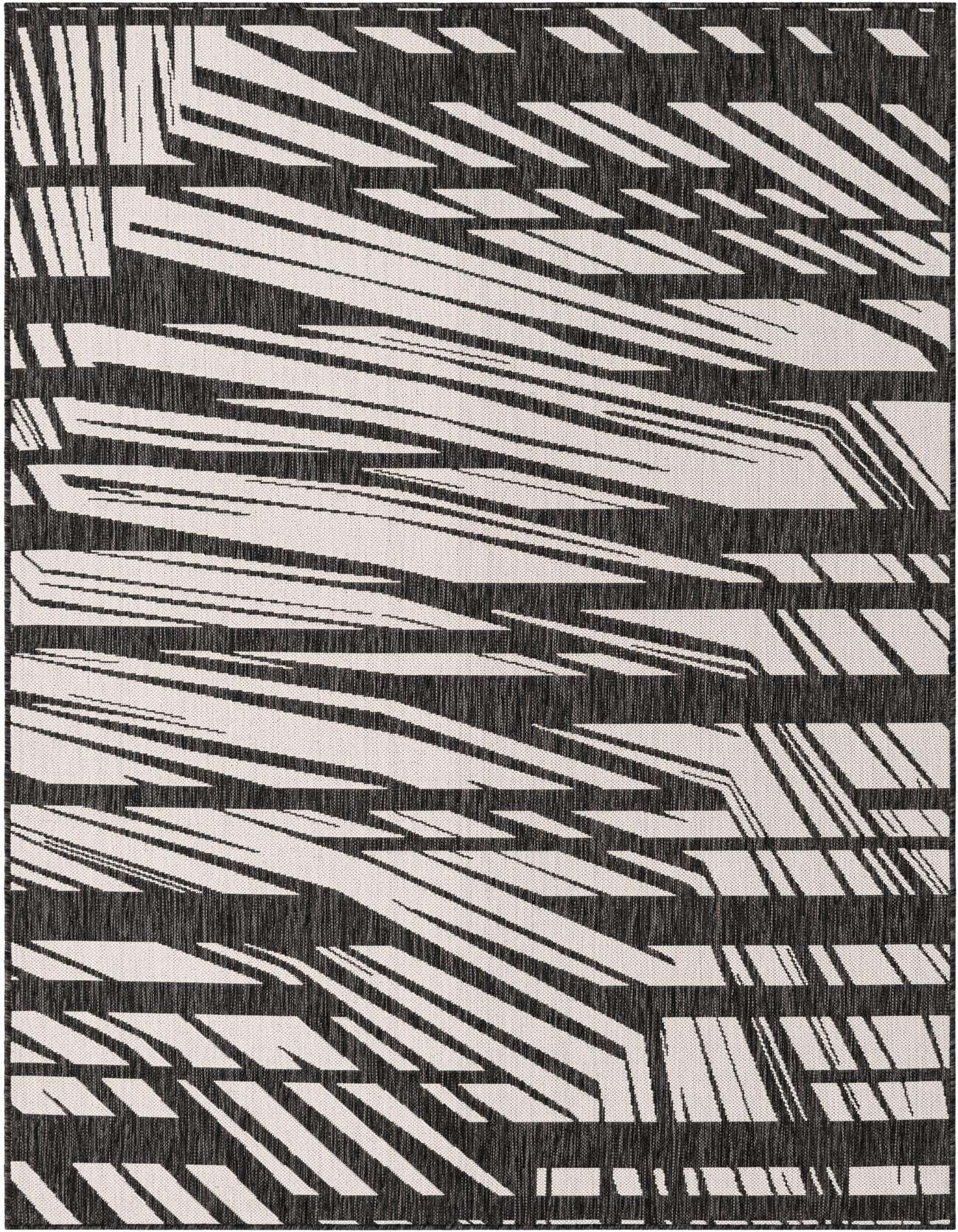 A 5x8 rectangular black and white modern flatweave rug with a dynamic, abstract stripe pattern, suitable for indoor or outdoor spaces.