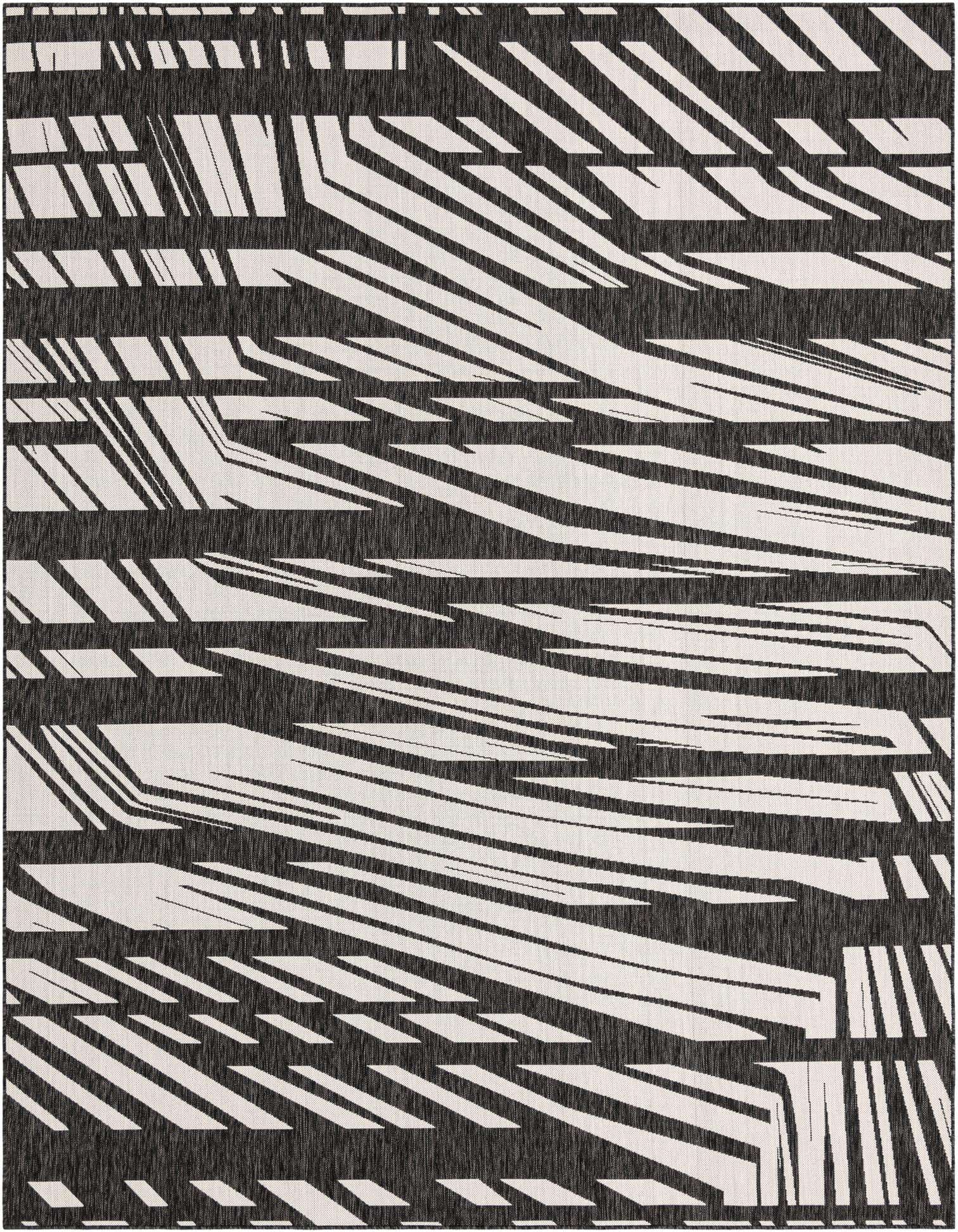 A 9x12 rectangular black and white modern rug with a dynamic, abstract stripe pattern, suitable for indoor or outdoor use.