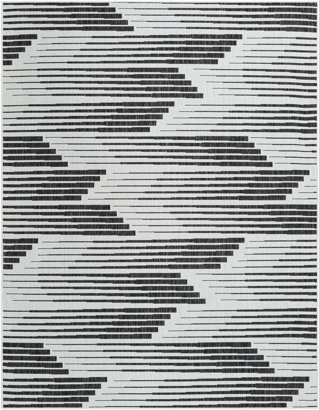 A 6x9 rectangular black and white contemporary rug with a dynamic horizontal stripe pattern, ideal for indoor or outdoor spaces.