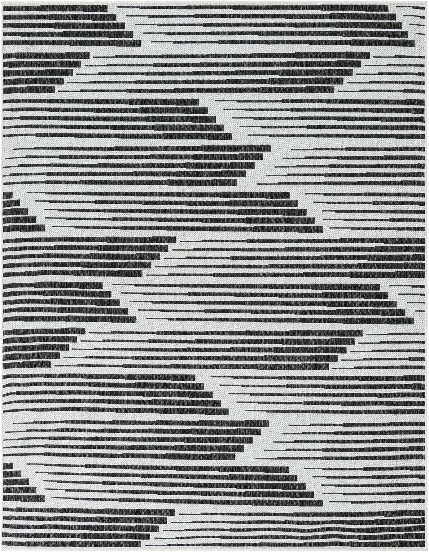 A 7x10 rectangular black and white contemporary rug with a dynamic horizontal stripe pattern, ideal for indoor or outdoor spaces.