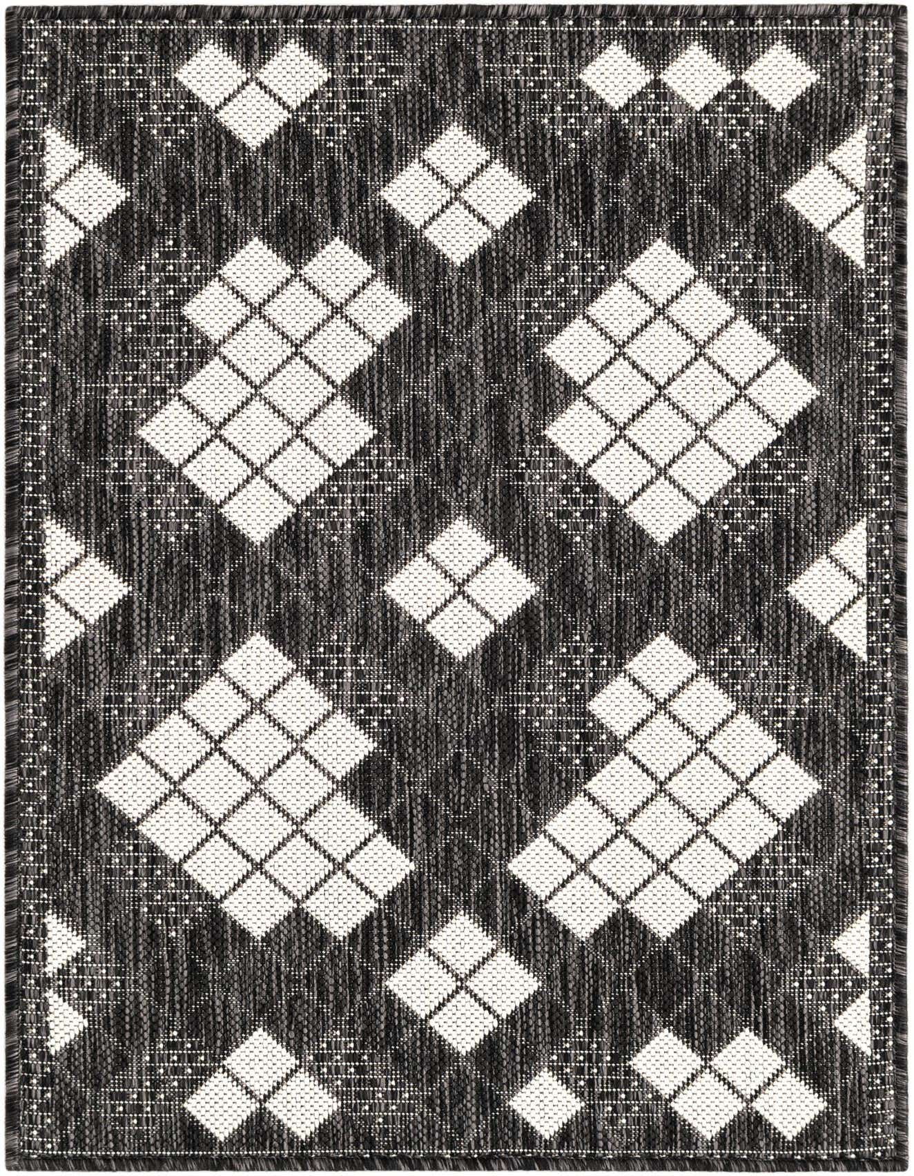 A 2x3 rectangular black and white modern flatweave rug with a repeating geometric diamond pattern, suitable for indoor/outdoor use.