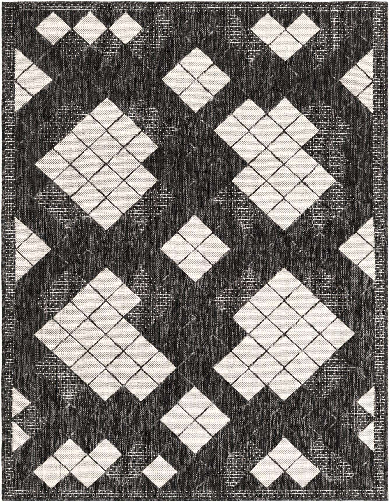 A 4x6 rectangular black and white modern rug with a large geometric diamond pattern, suitable for indoor or outdoor use.