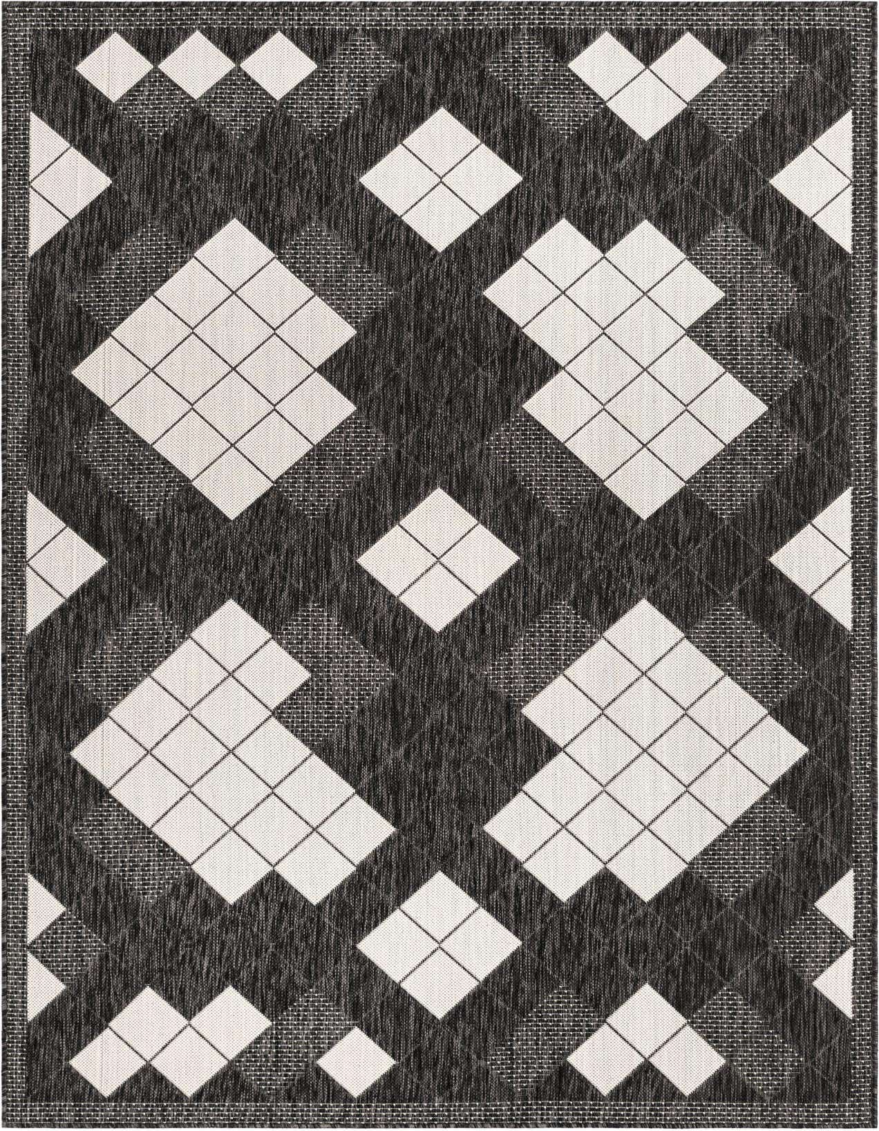 A 5x8 rectangular black and white modern rug with a large geometric diamond pattern, suitable for indoor or outdoor use.