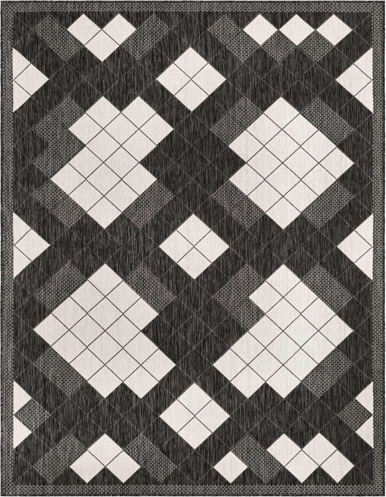 A 6x9 rectangular indoor/outdoor rug featuring a modern black and white geometric argyle pattern with a flatweave texture.