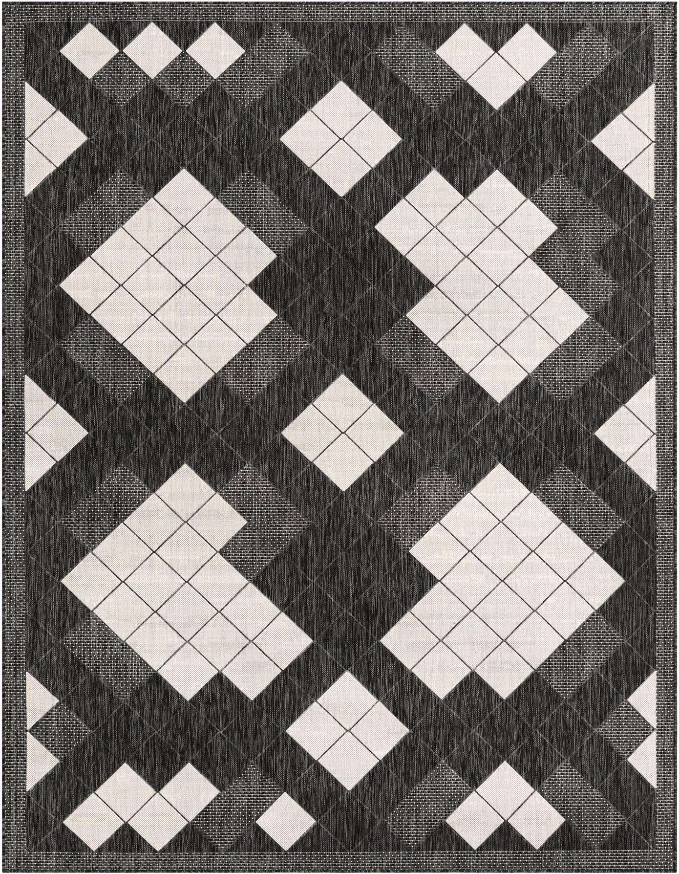 A 7x10 rectangular black and white modern rug with a large geometric argyle pattern, suitable for indoor or outdoor use.