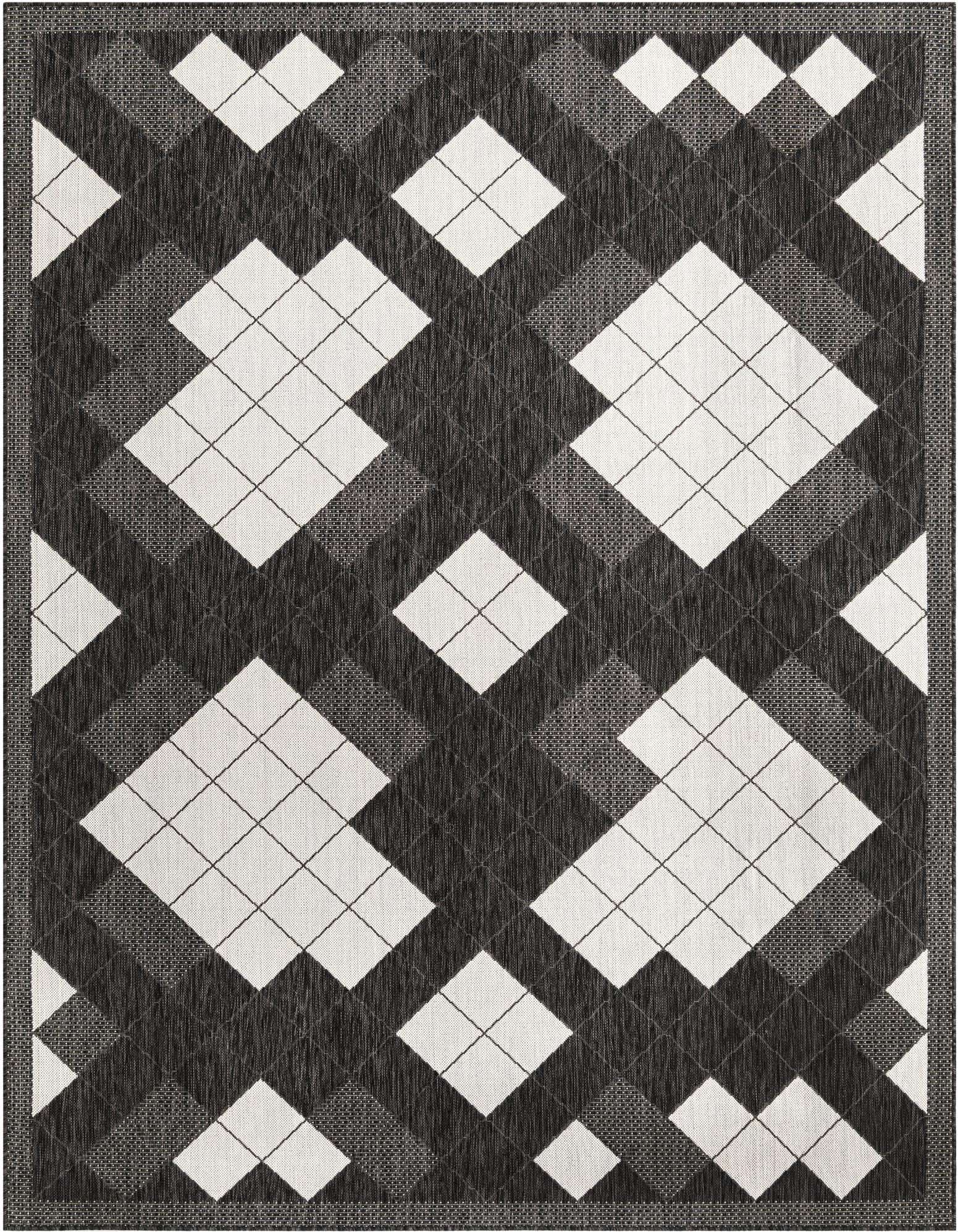 An 8x10 rectangular black and white modern argyle rug featuring a flatweave texture, suitable for indoor or outdoor use.