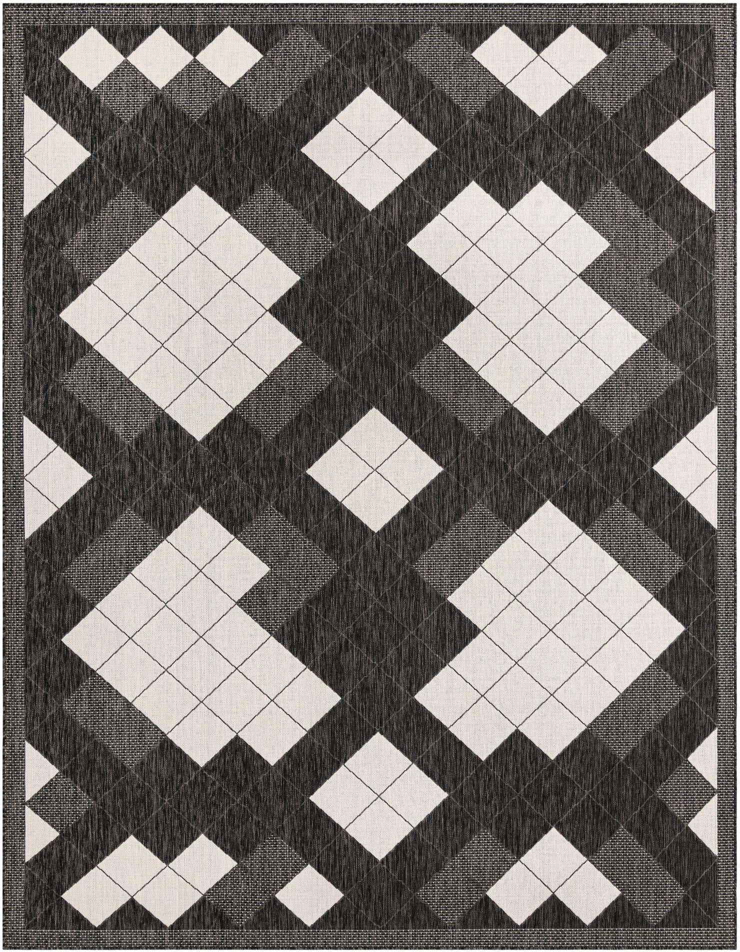 A 9x12 rectangular black and white modern rug with a bold geometric diamond pattern, suitable for indoor or outdoor use.