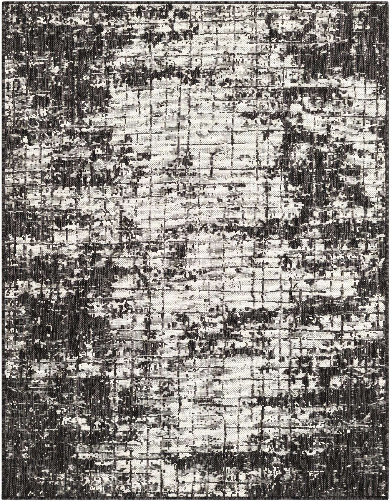 A 4x6 rectangular black and white abstract rug with a distressed, grid-like pattern, suitable for indoor or outdoor use.