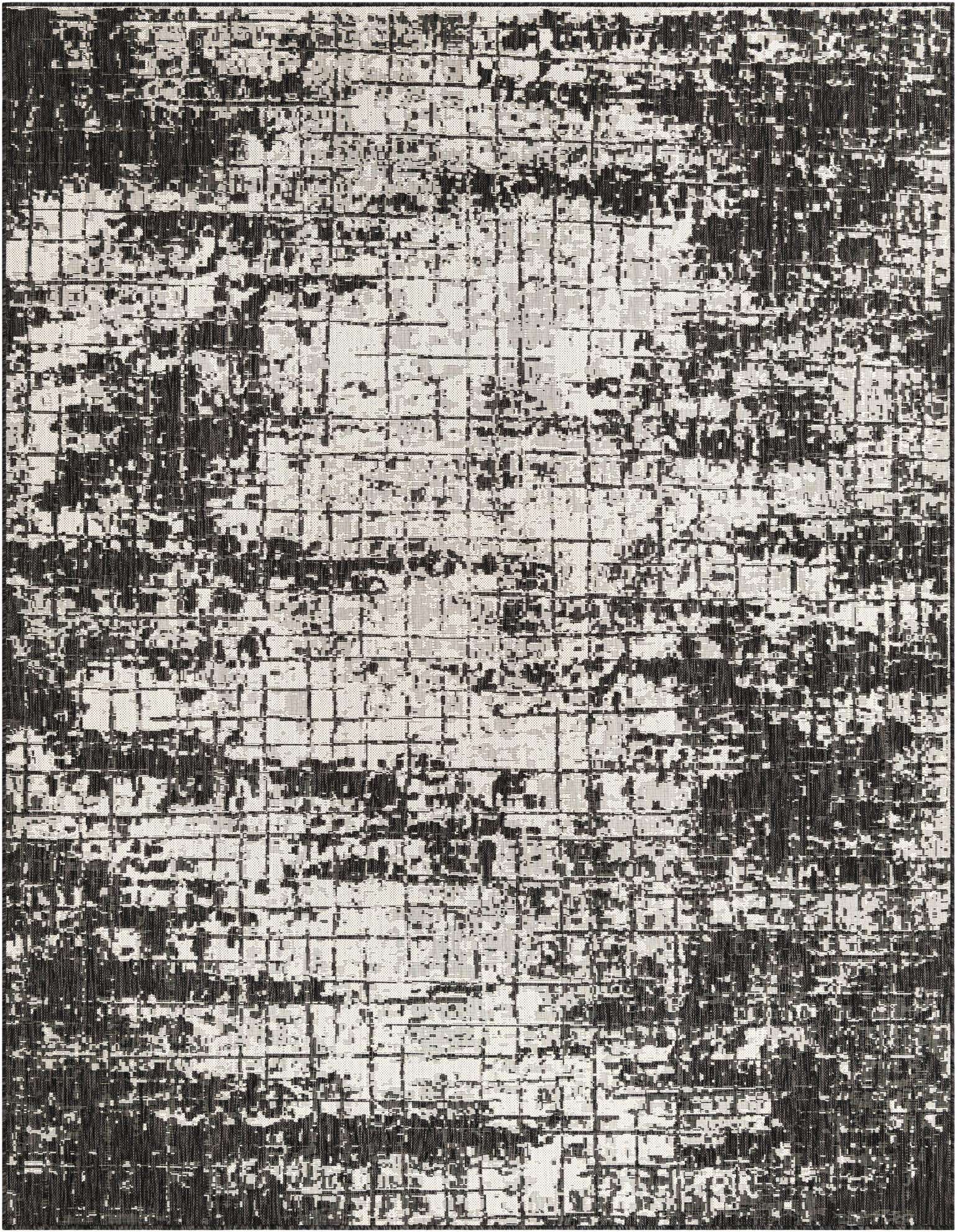 An 8x10 rectangular indoor/outdoor rug featuring an abstract grid pattern in black, white, and ivory tones.