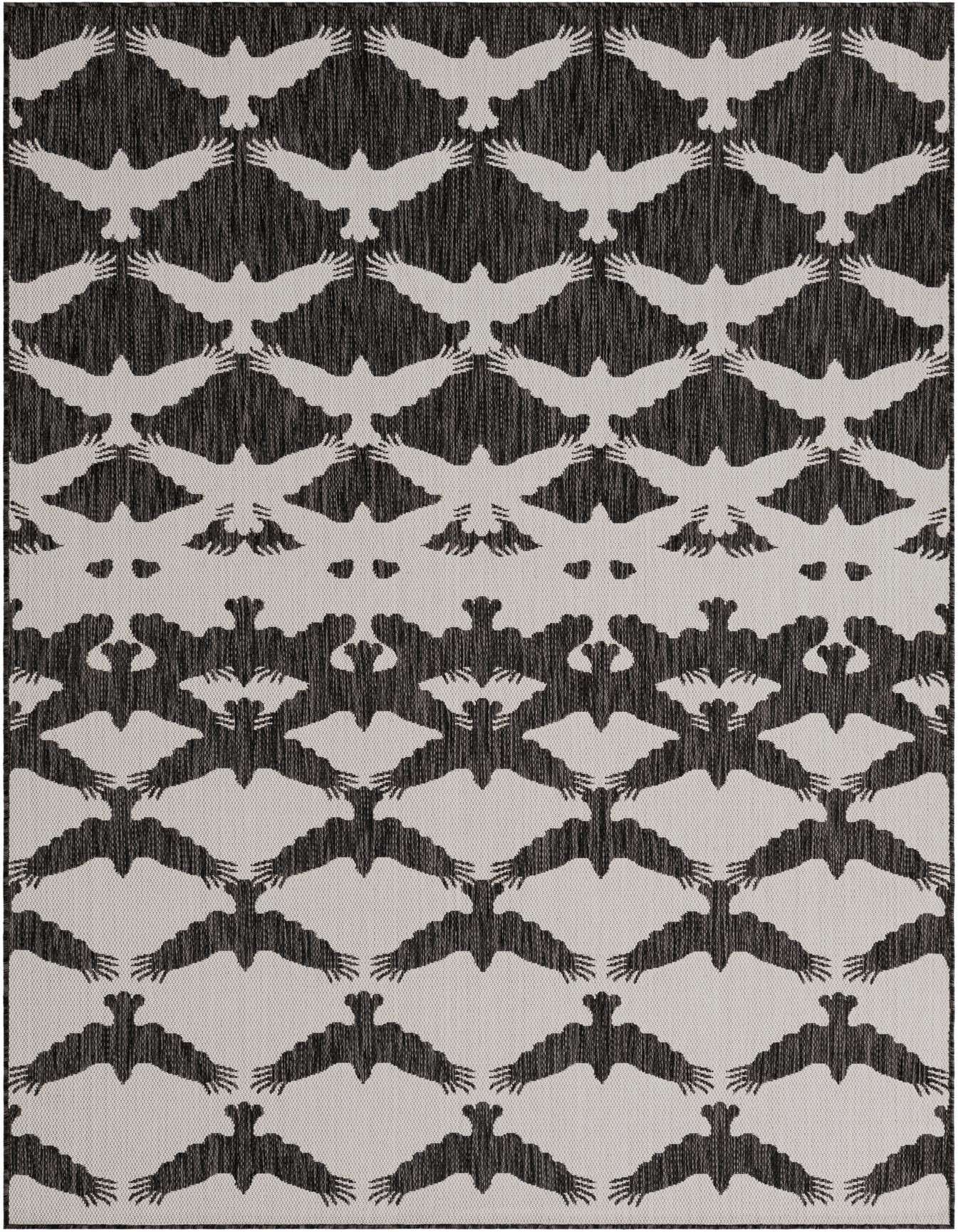 A 6x9 rectangular indoor/outdoor rug featuring a modern black and white bird pattern, ideal for a living room or patio.