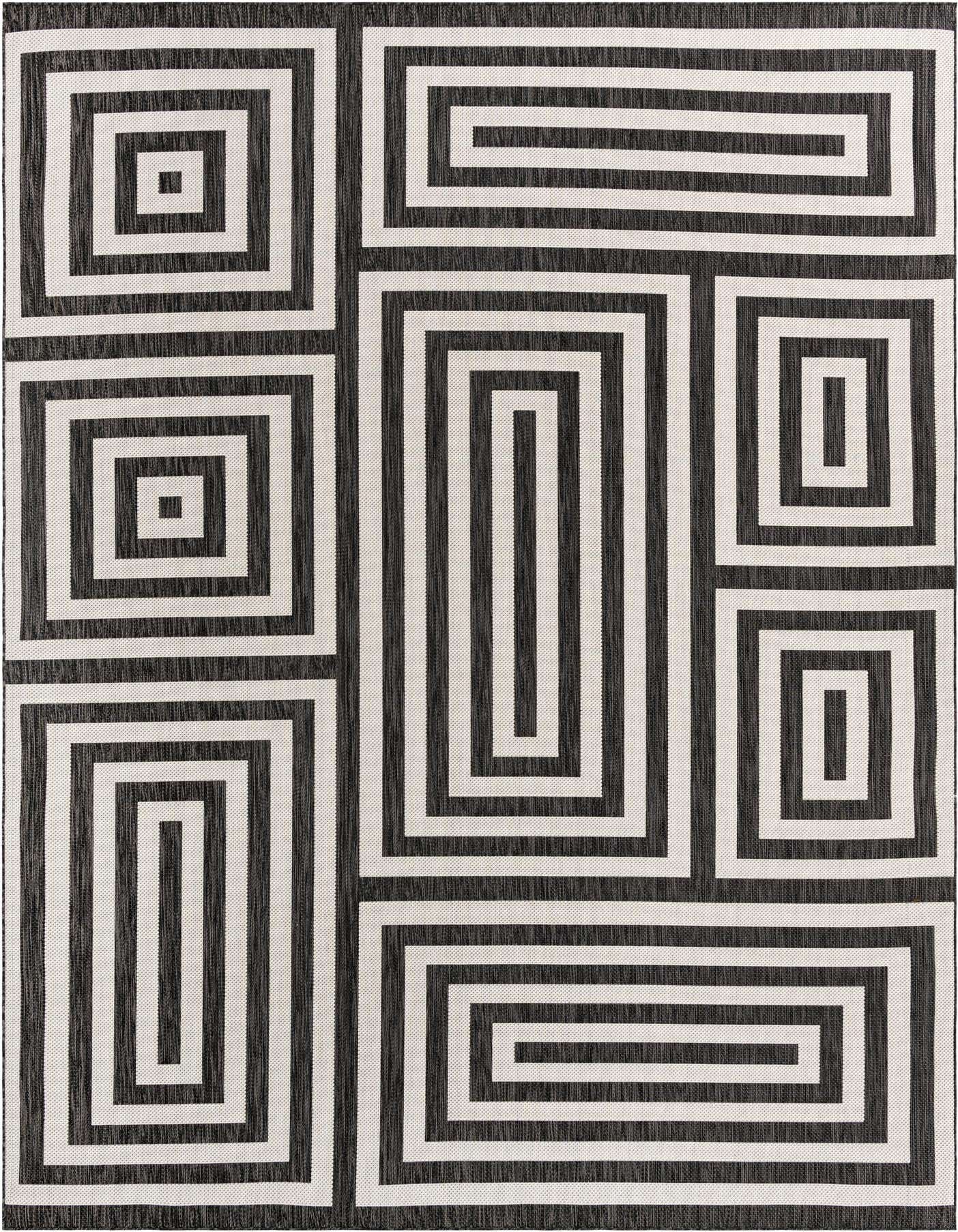 A 10x14 rectangular black and white modern abstract rug with a bold geometric pattern of interlocking rectangles and squares.