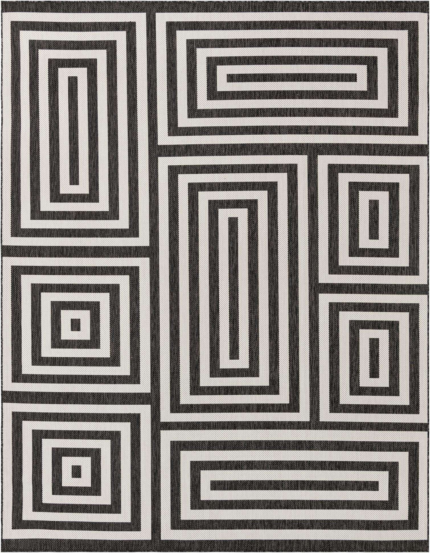 A 9x12 rectangular black and white modern abstract rug with a geometric pattern of interlocking rectangles and squares.