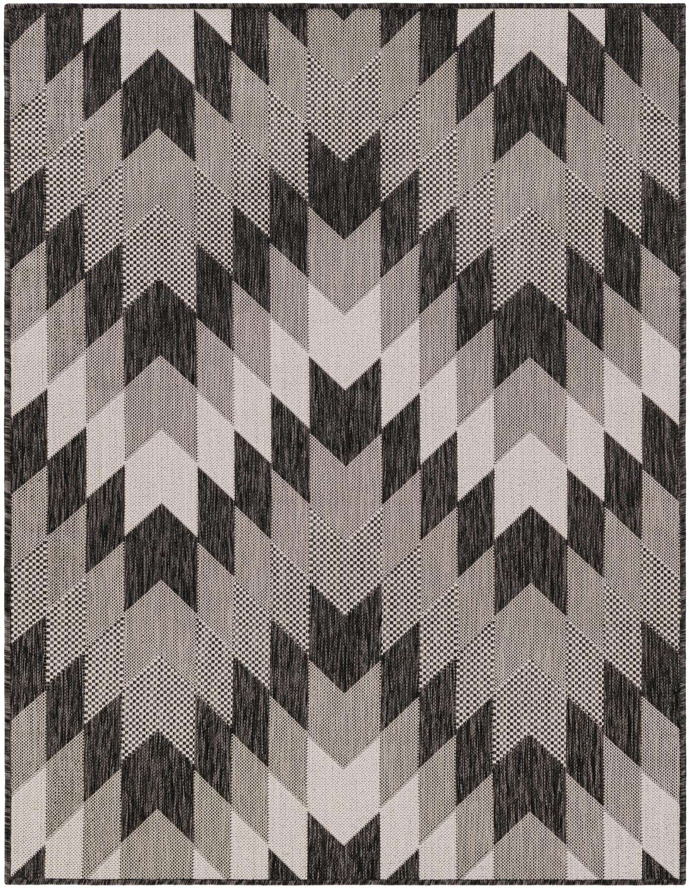 A 4x6 rectangular black and white flatweave rug with a modern geometric tribal pattern, suitable for indoor or outdoor use.