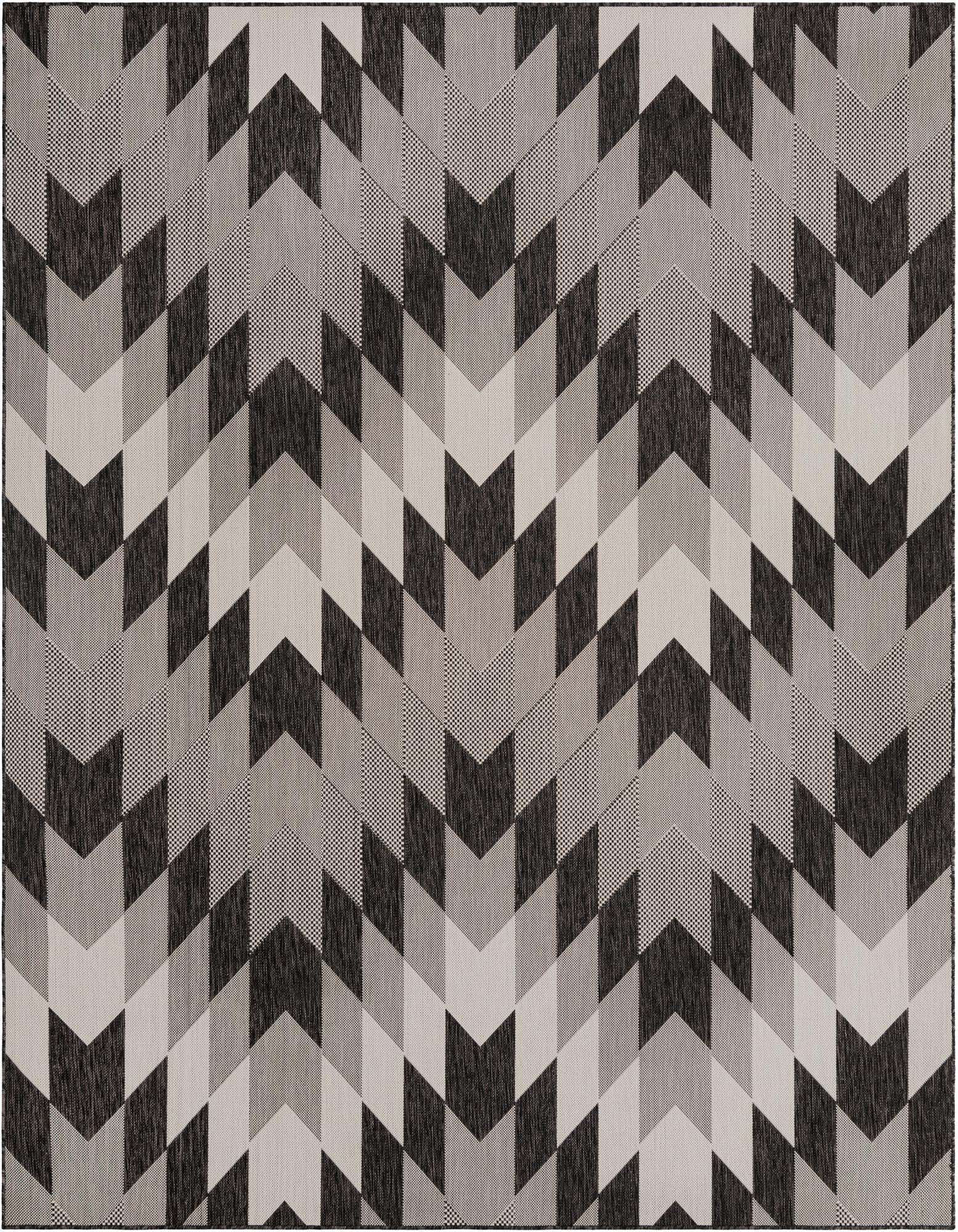 A rectangular 8x10 black and white flatweave rug with a modern tribal geometric pattern, suitable for indoor or outdoor use.