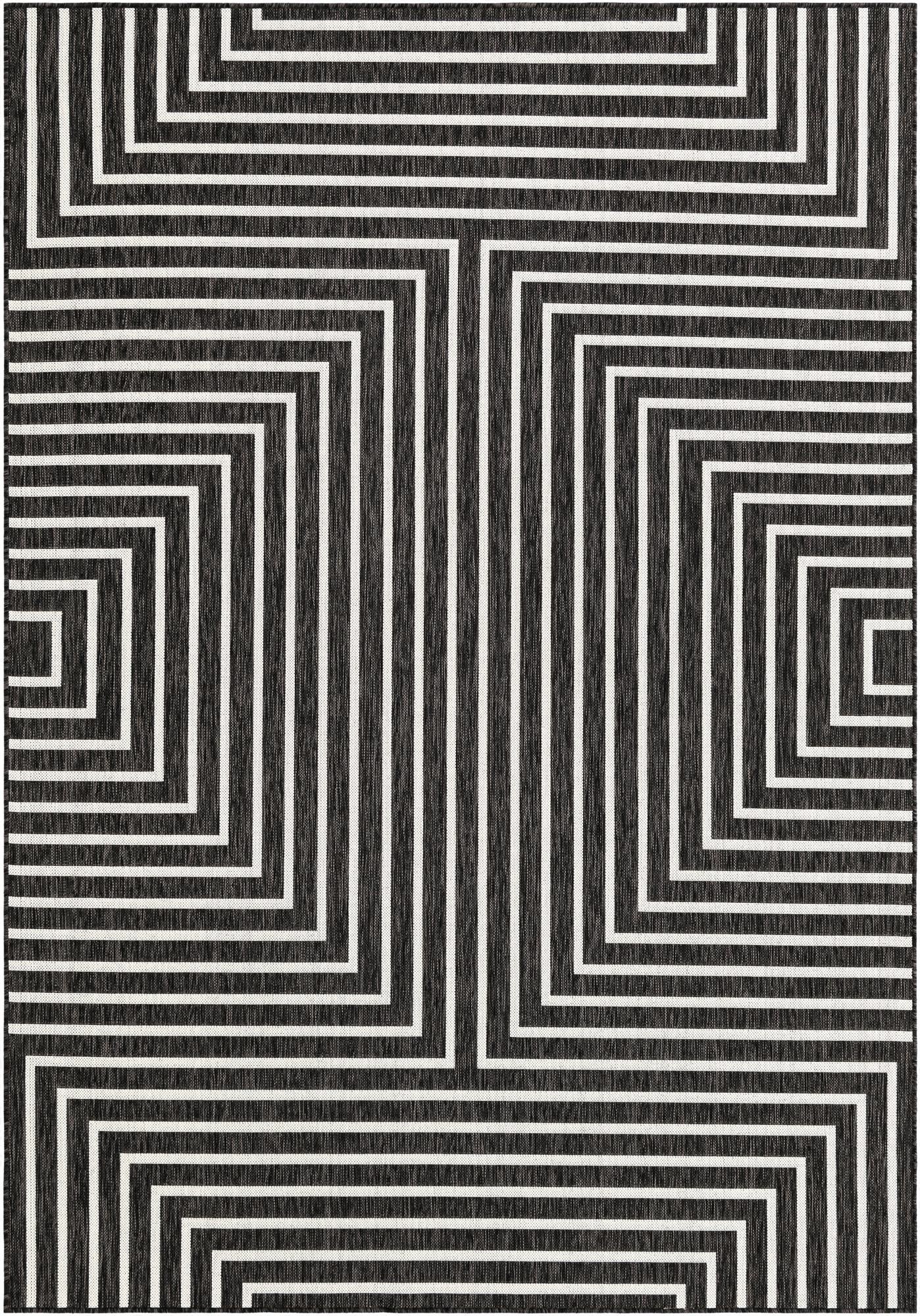 A 7x10 rectangular black and white contemporary rug with a bold geometric striped pattern, suitable for indoor or outdoor use.